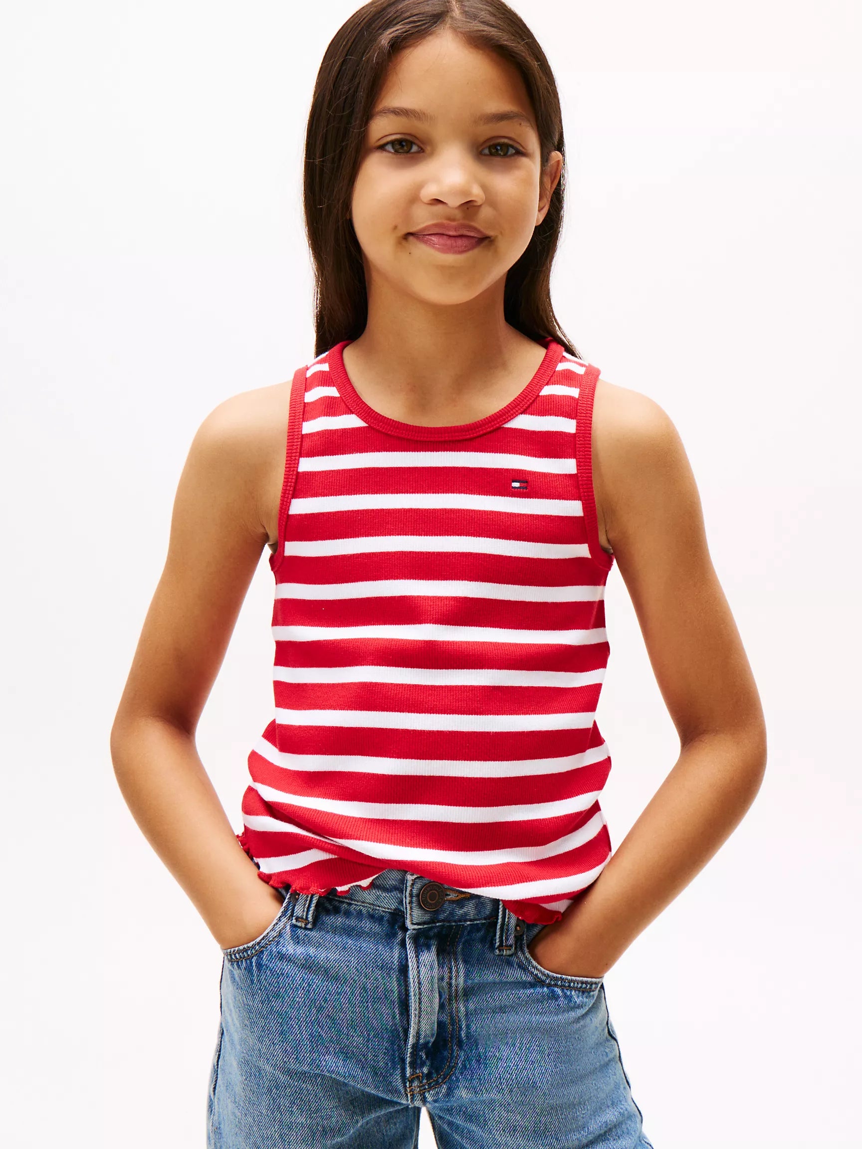 TOMMY Girls Stripe Lettuce-Hem Tank Top