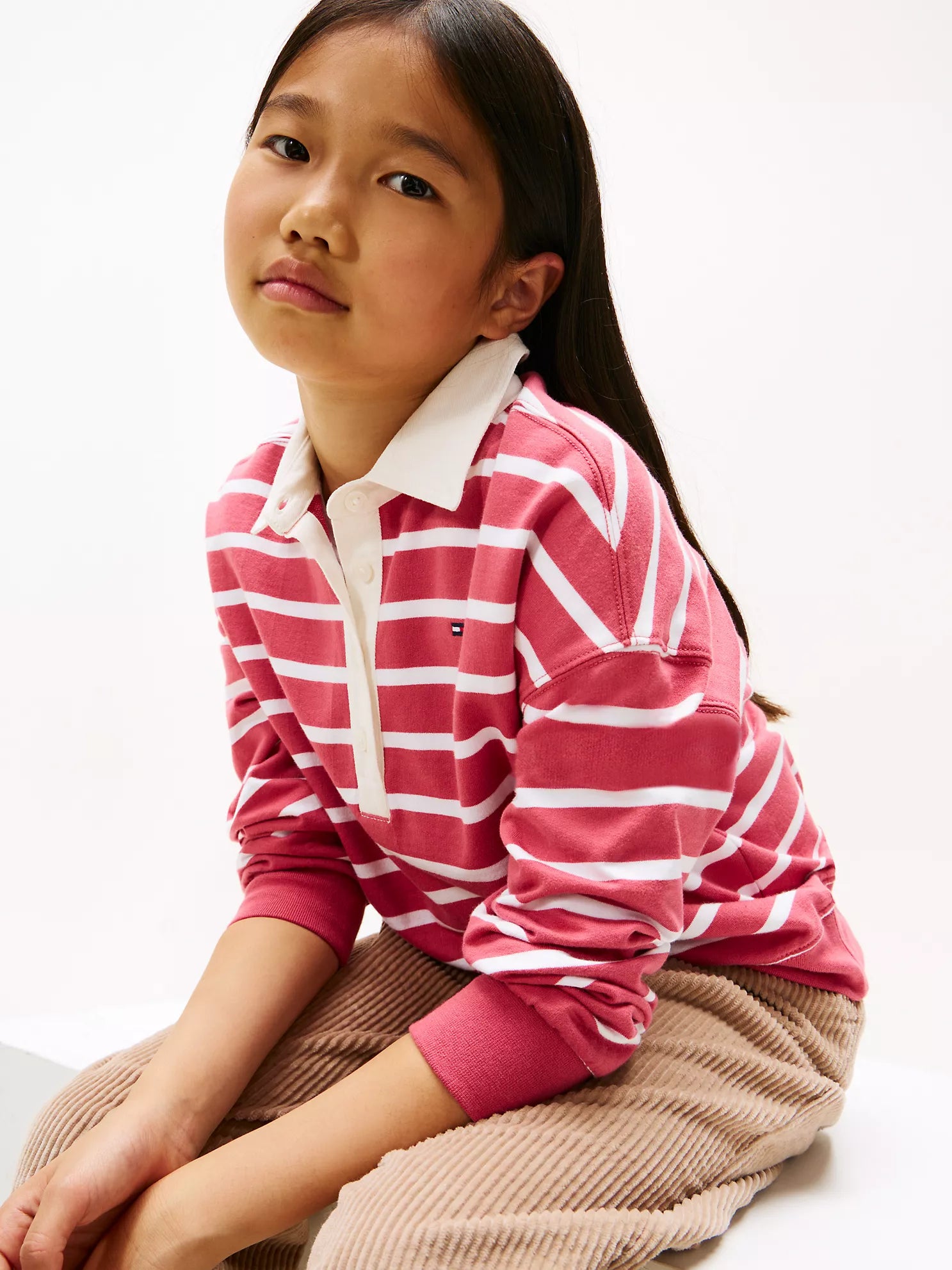 TOMMY Girls Stripe Polo Sweatshirt Heritage Pink Multi