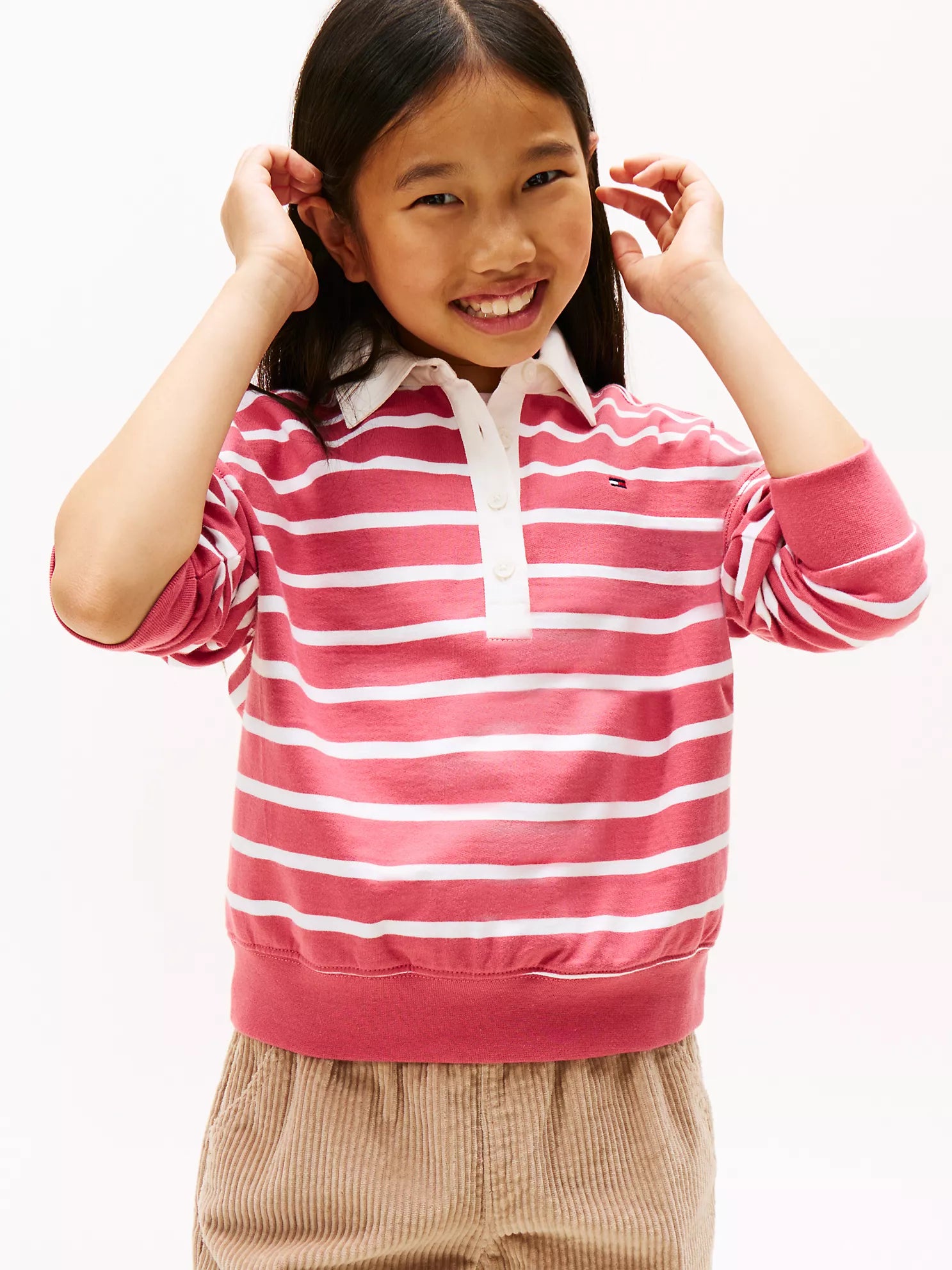 TOMMY Girls Stripe Polo Sweatshirt Heritage Pink Multi