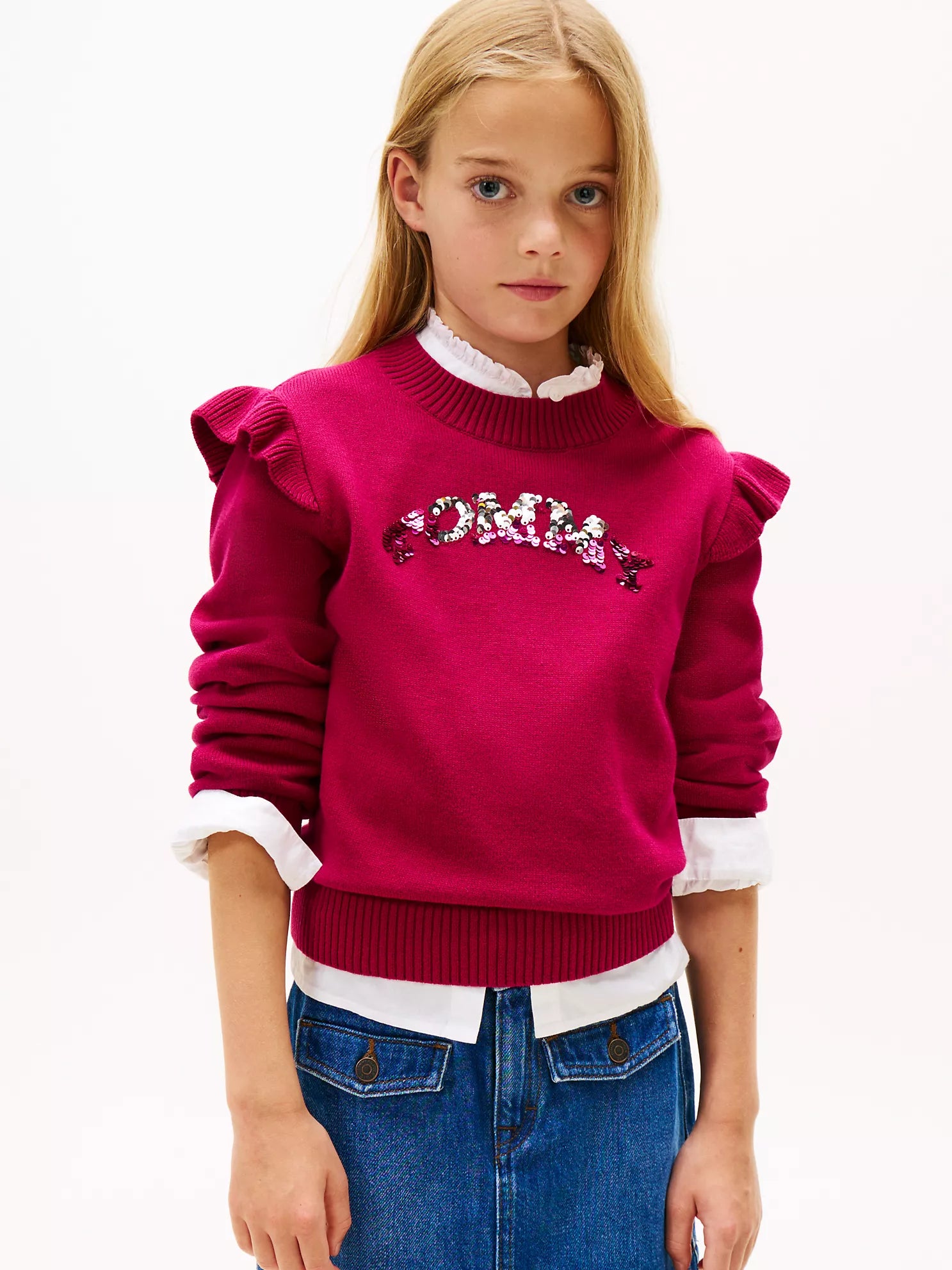 TOMMY Girls Sequin Logo Ruffle Sweater