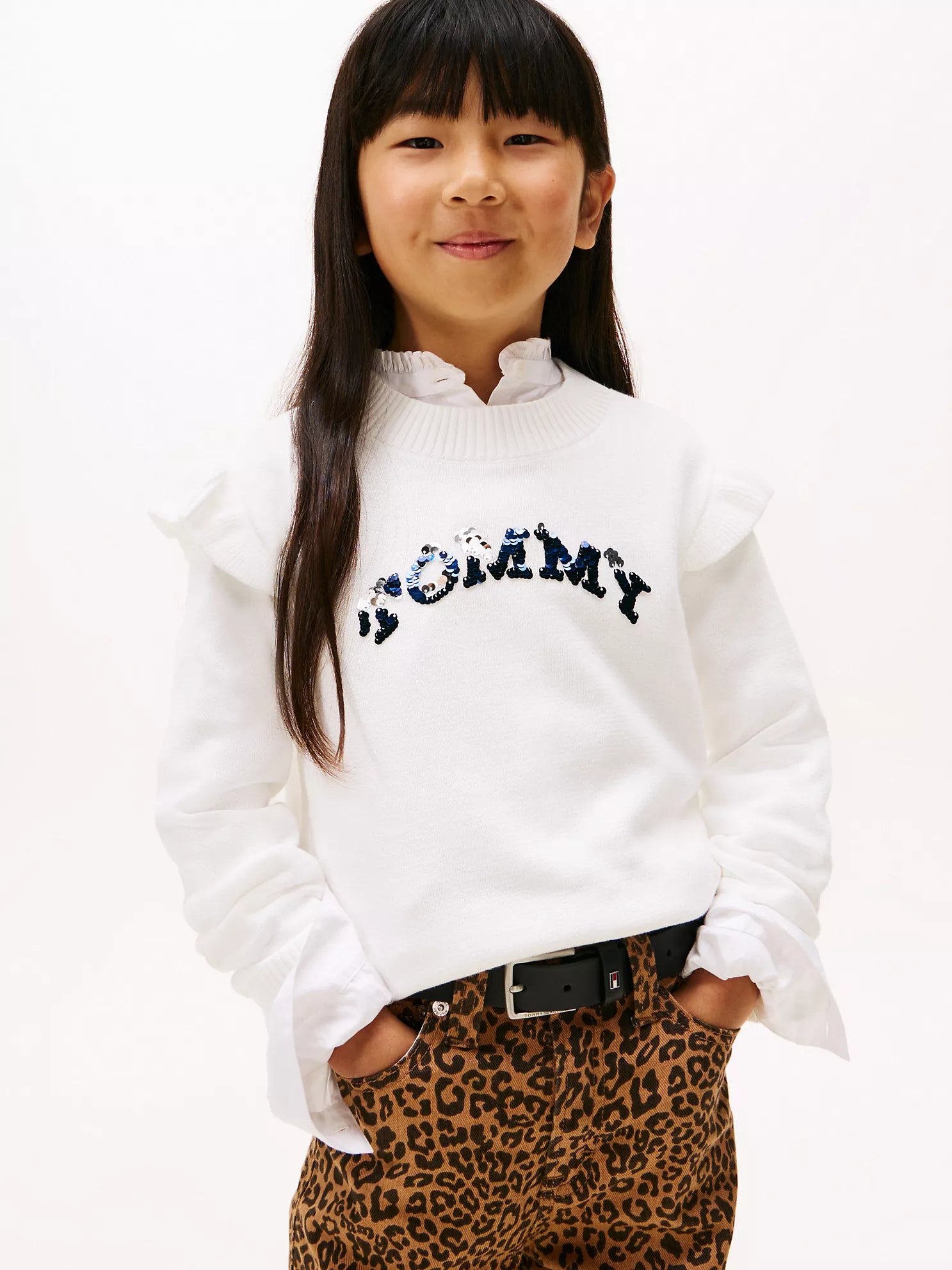 TOMMY Girls Sequin Logo Ruffle Sweater Ecru