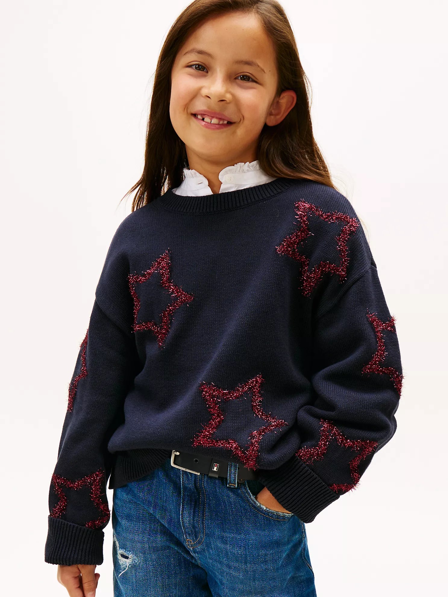 TOMMY Girls Intarsia Shimmer Star Sweater Navy