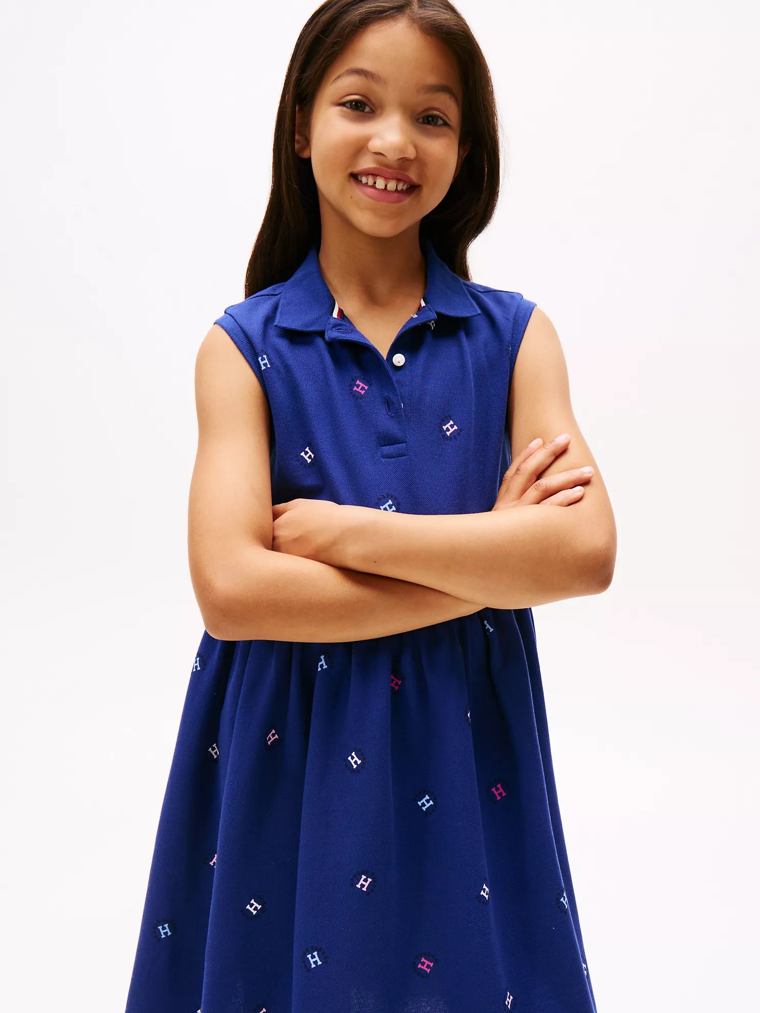 TOMMY Girls Sleeveless Allover Logo Polo Dress Blue Ink