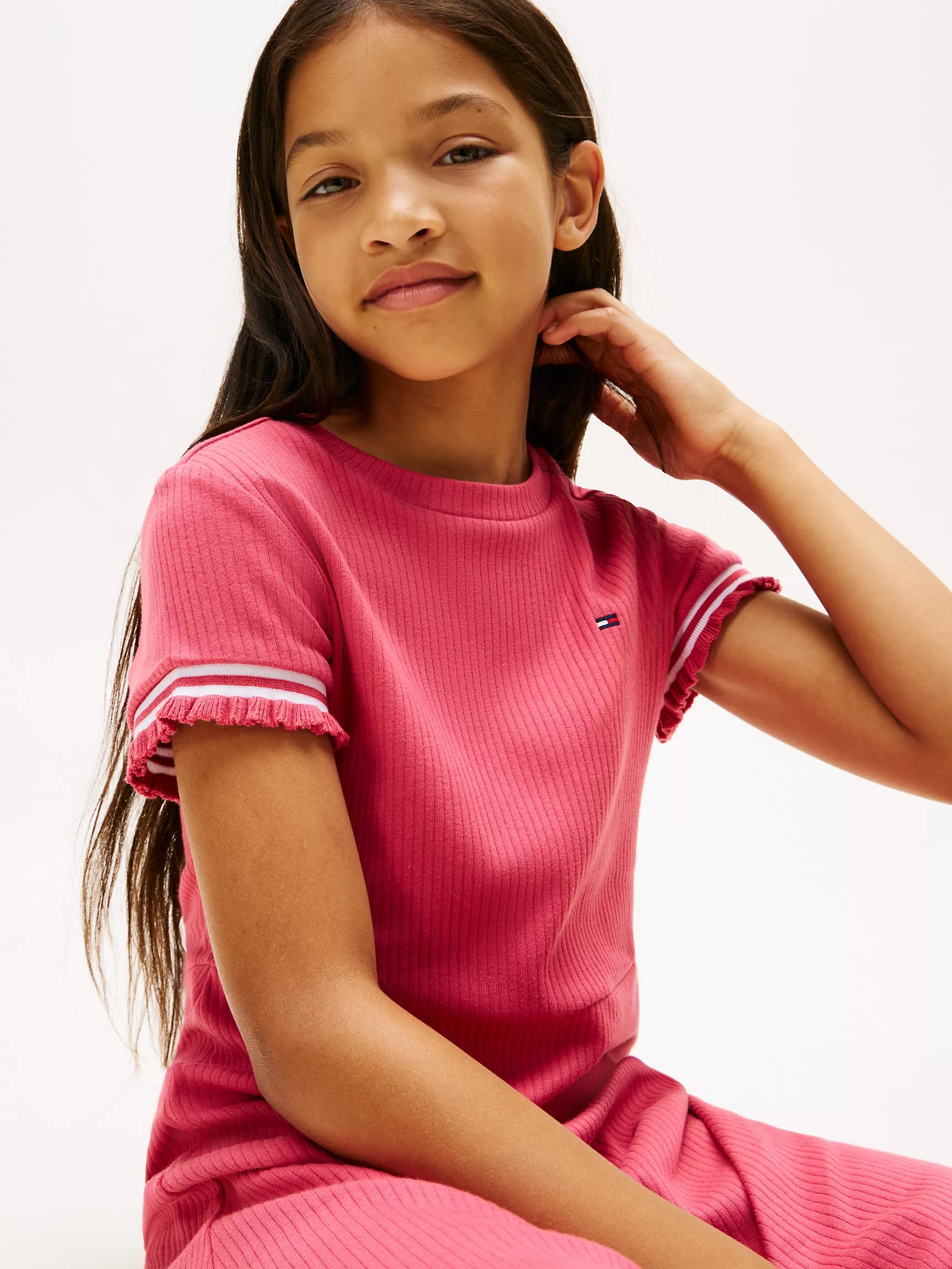 Tommy Girls' Ruffle-Sleeve Rib-Knit Dress/ Heritage Pink