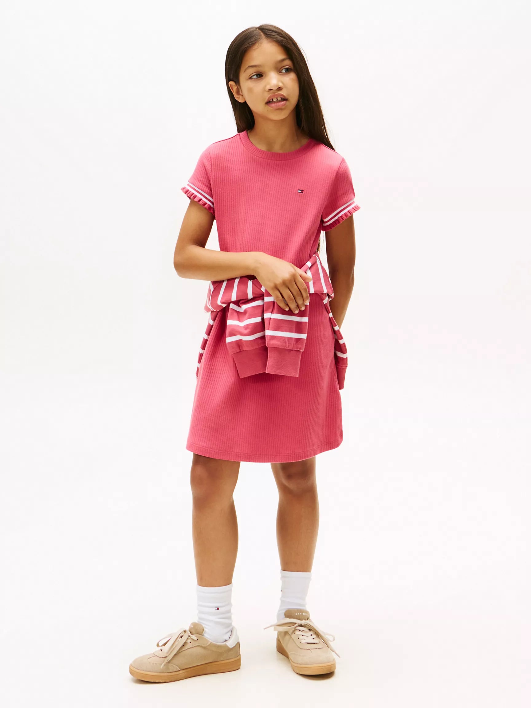 Tommy Girls' Ruffle-Sleeve Rib-Knit Dress/ Heritage Pink