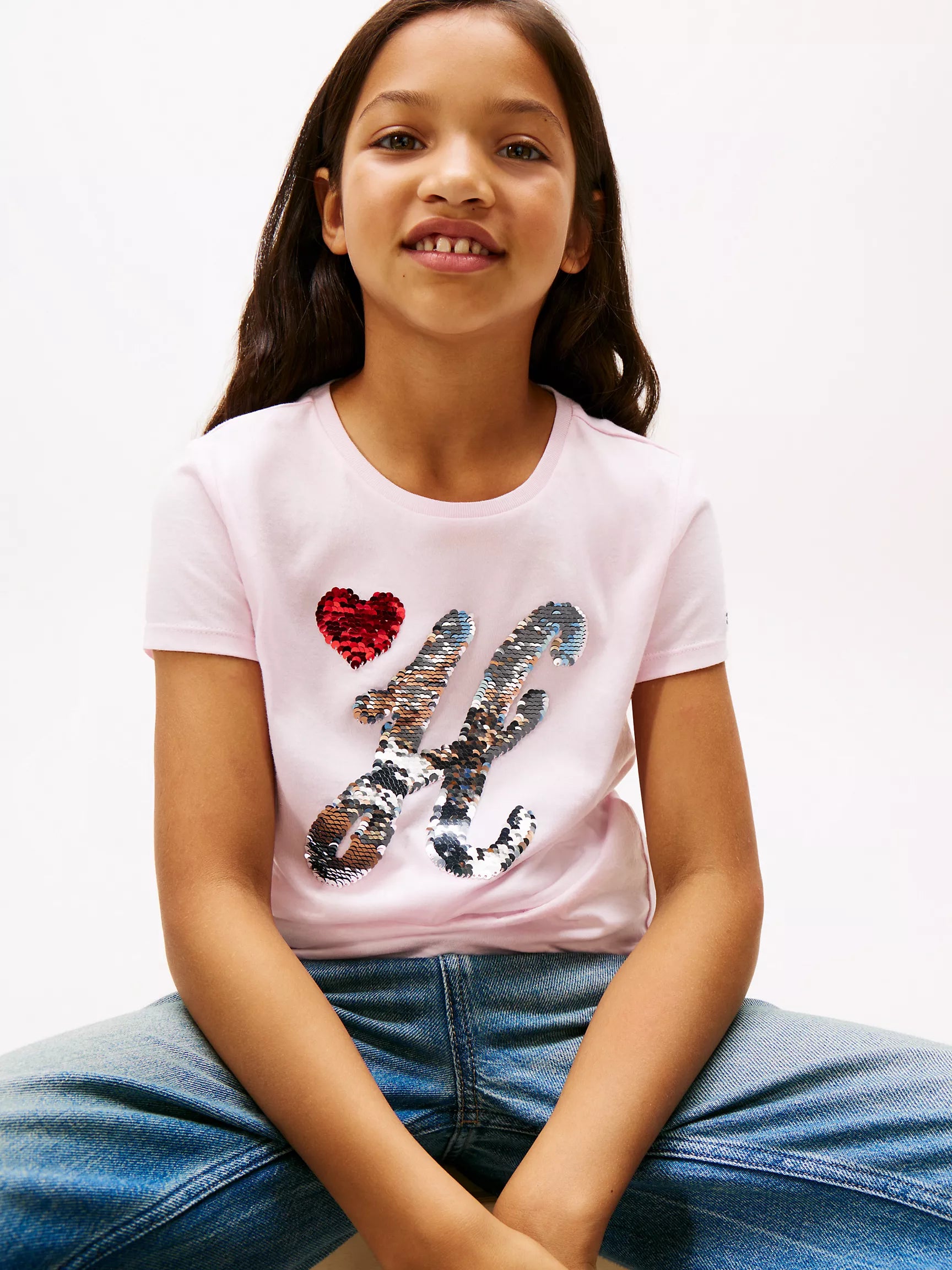 Girls' Tommy Sequin Logo T-Shirt/ Light Pink