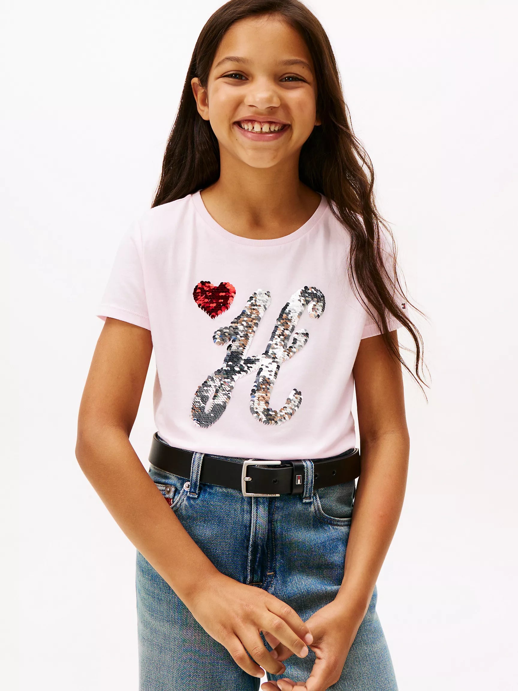 Girls' Tommy Sequin Logo T-Shirt/ Light Pink