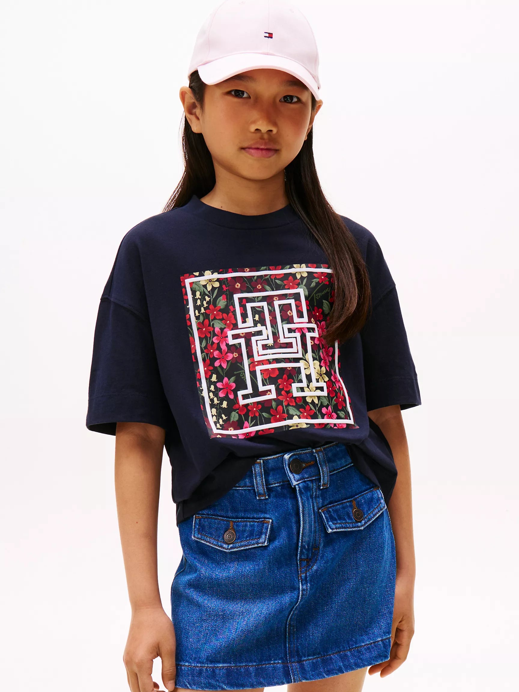Girls' Tommy Floral Monogram T-Shirt /Navy Blue
