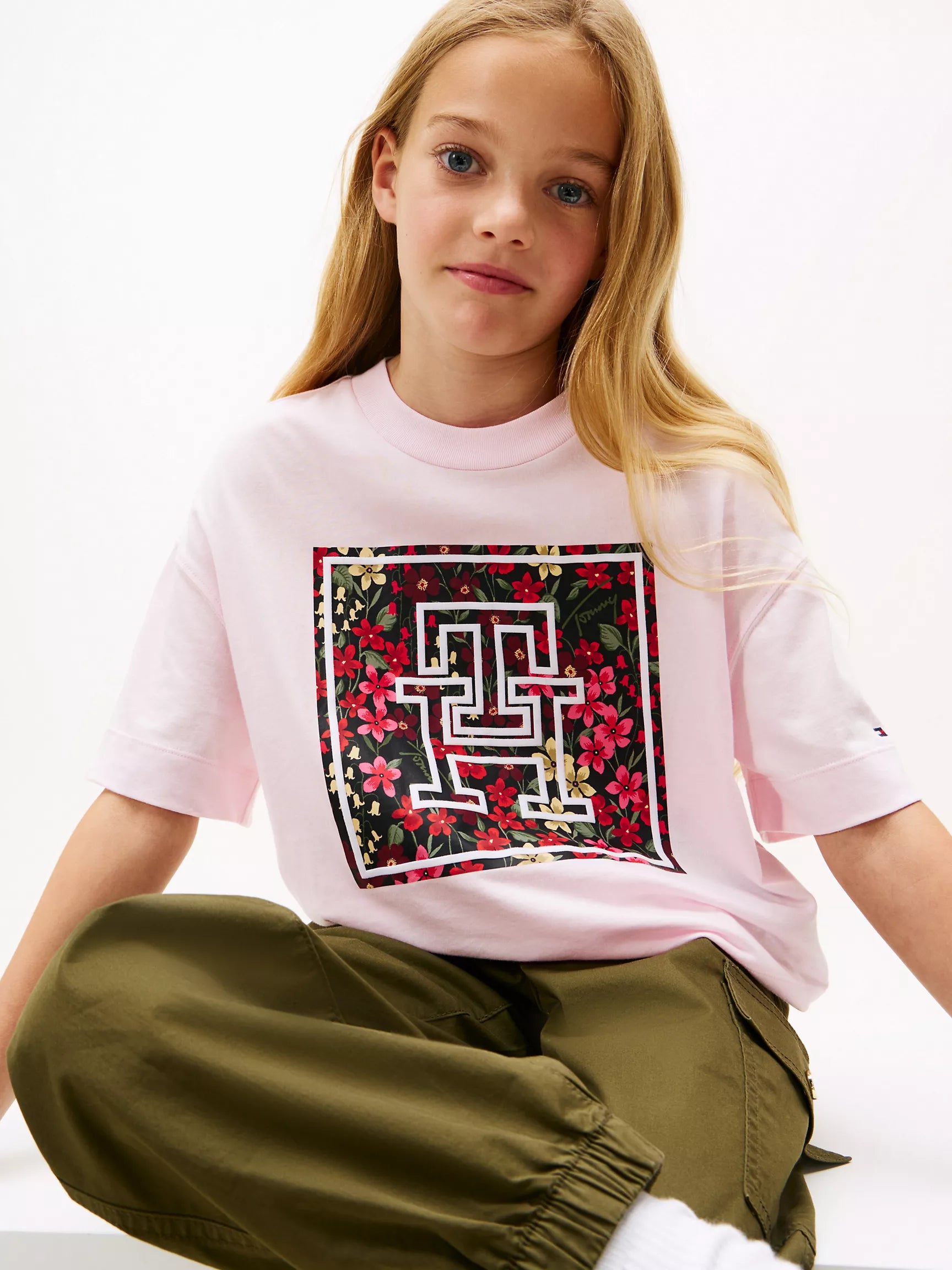 Girls' Tommy Floral Monogram T-Shirt /Light Pink