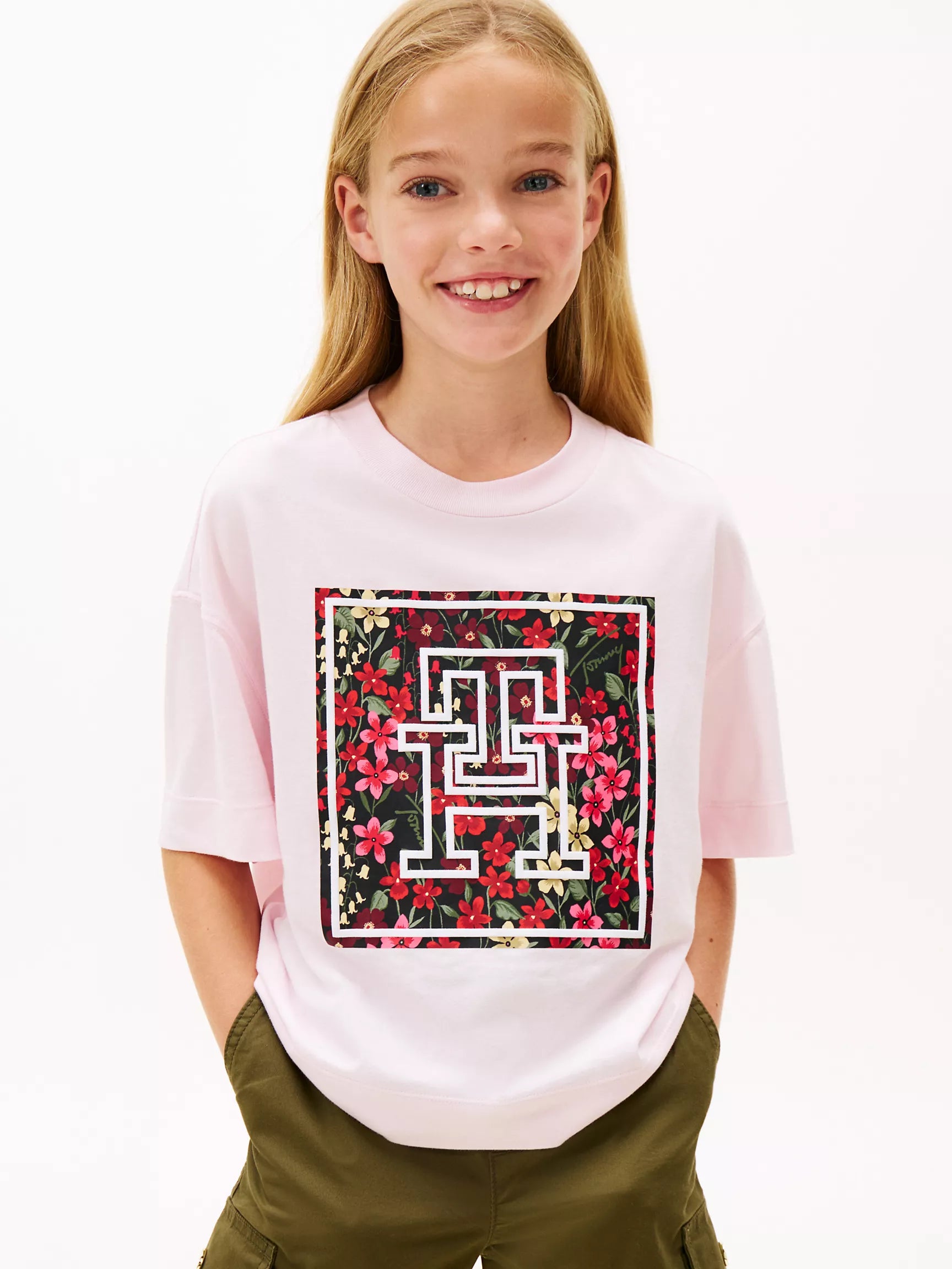 Girls' Tommy Floral Monogram T-Shirt /Light Pink