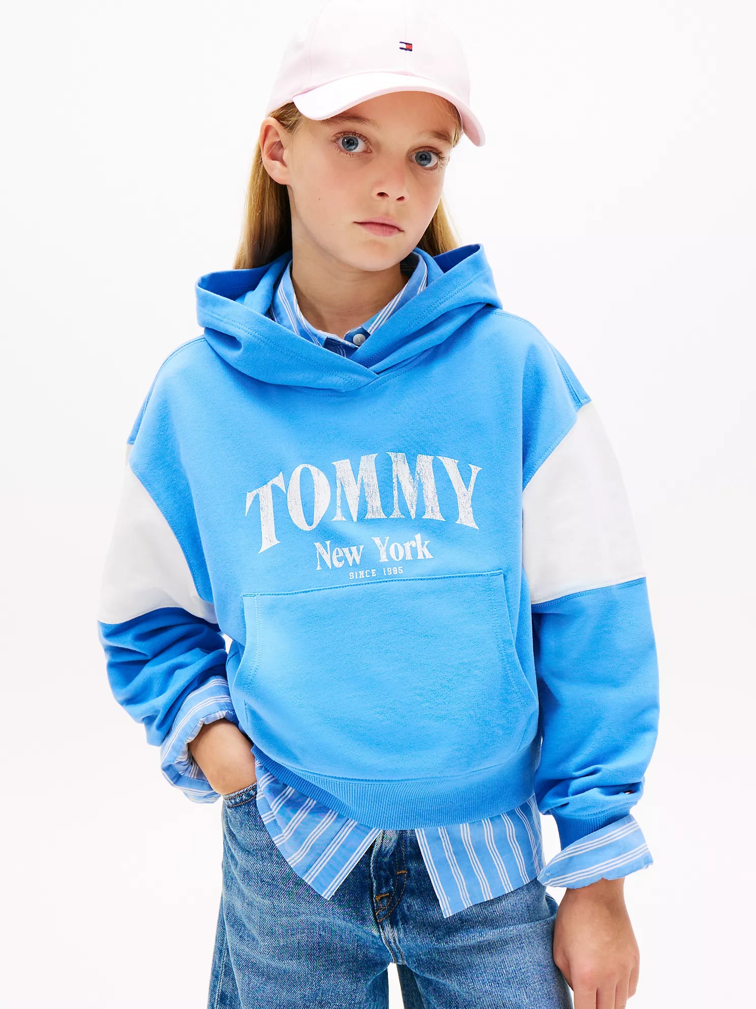 GIRLS Tommy Varsity Colorblock Hoodie Blue Spell