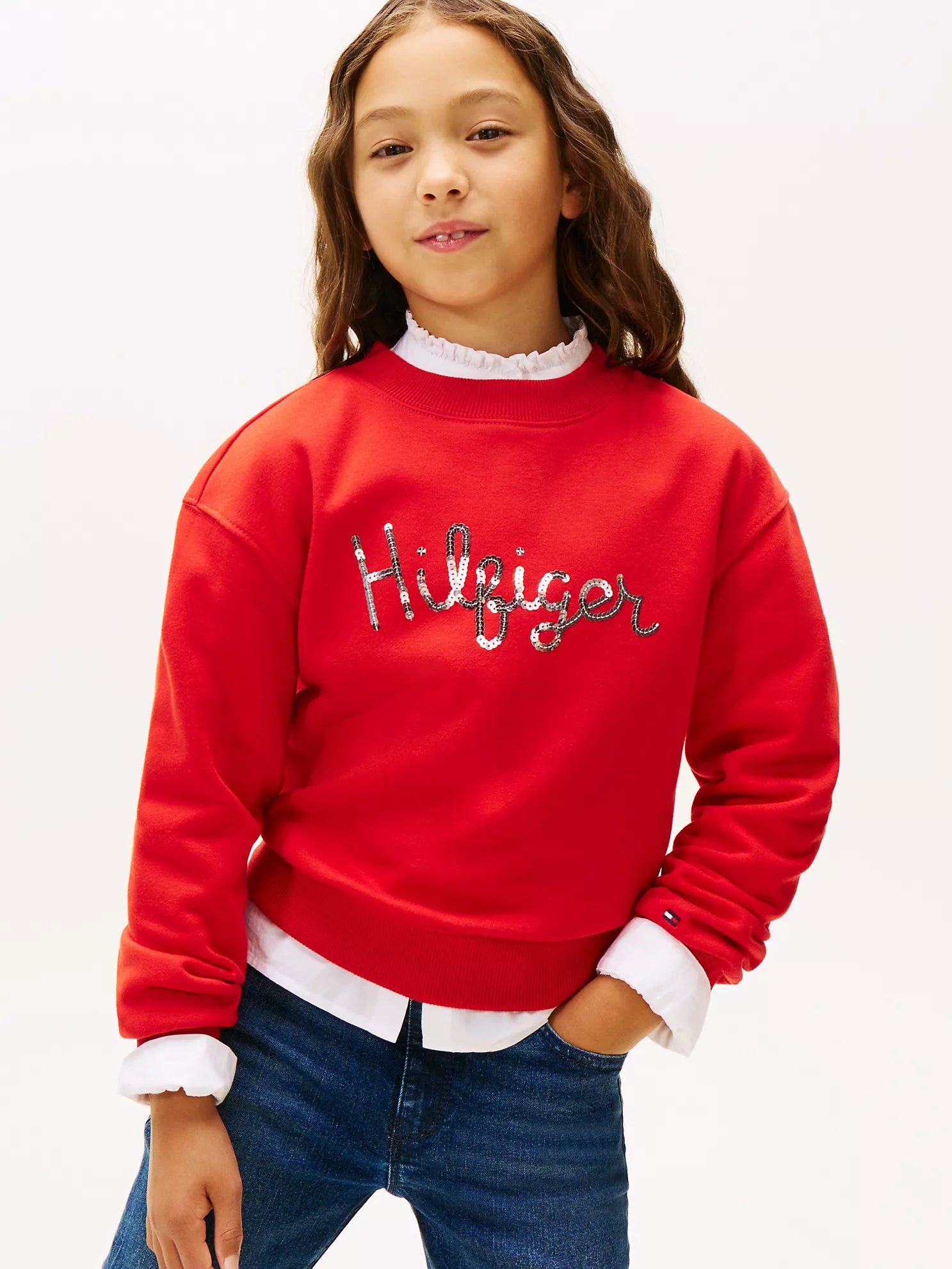 TOMMY Girls Kids' Sequin Hilfiger Logo Sweatshirt Deep Crimson