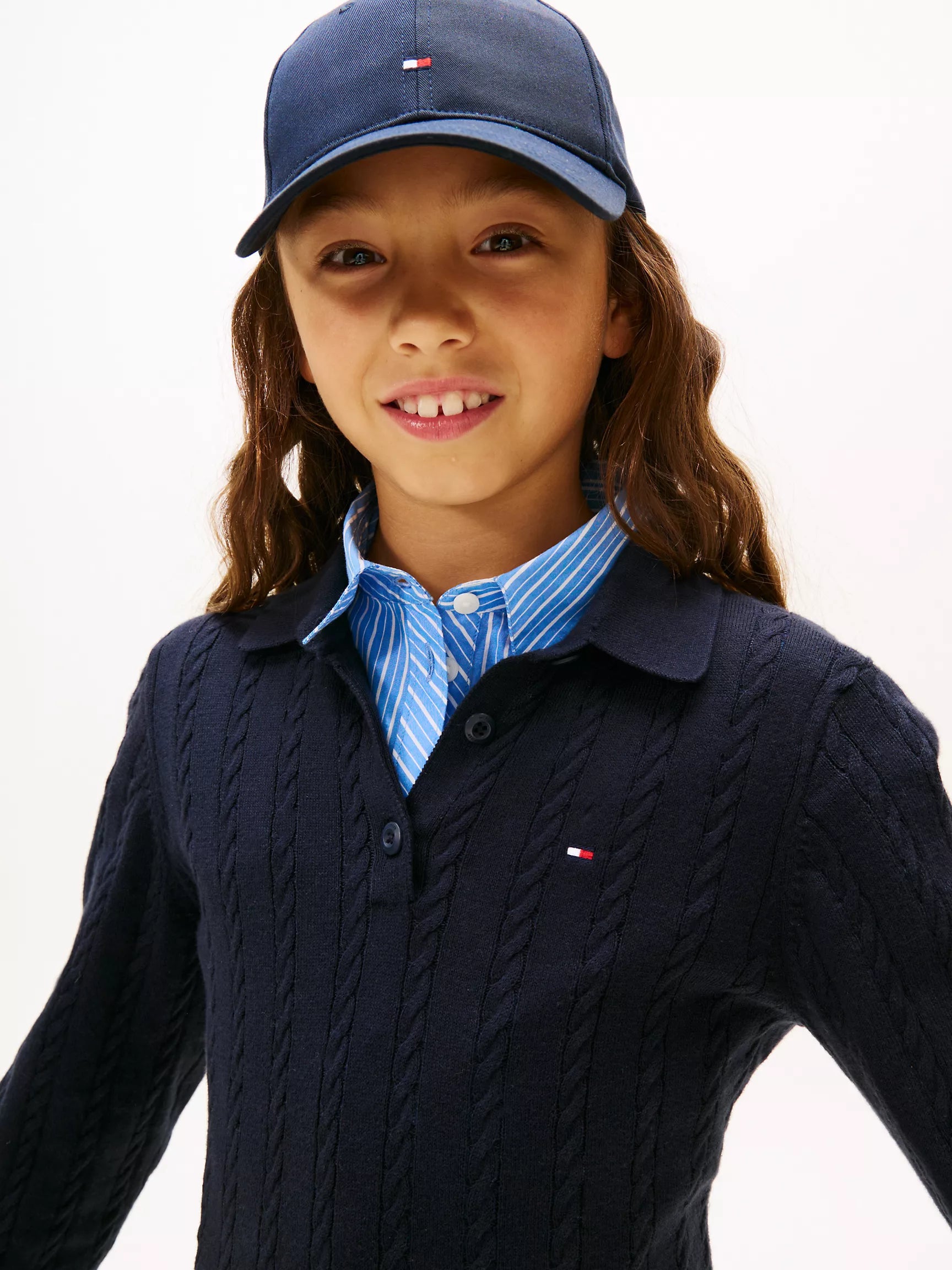 TOMMY Girls Kids' Cable Knit Polo Sweater Dress Navy