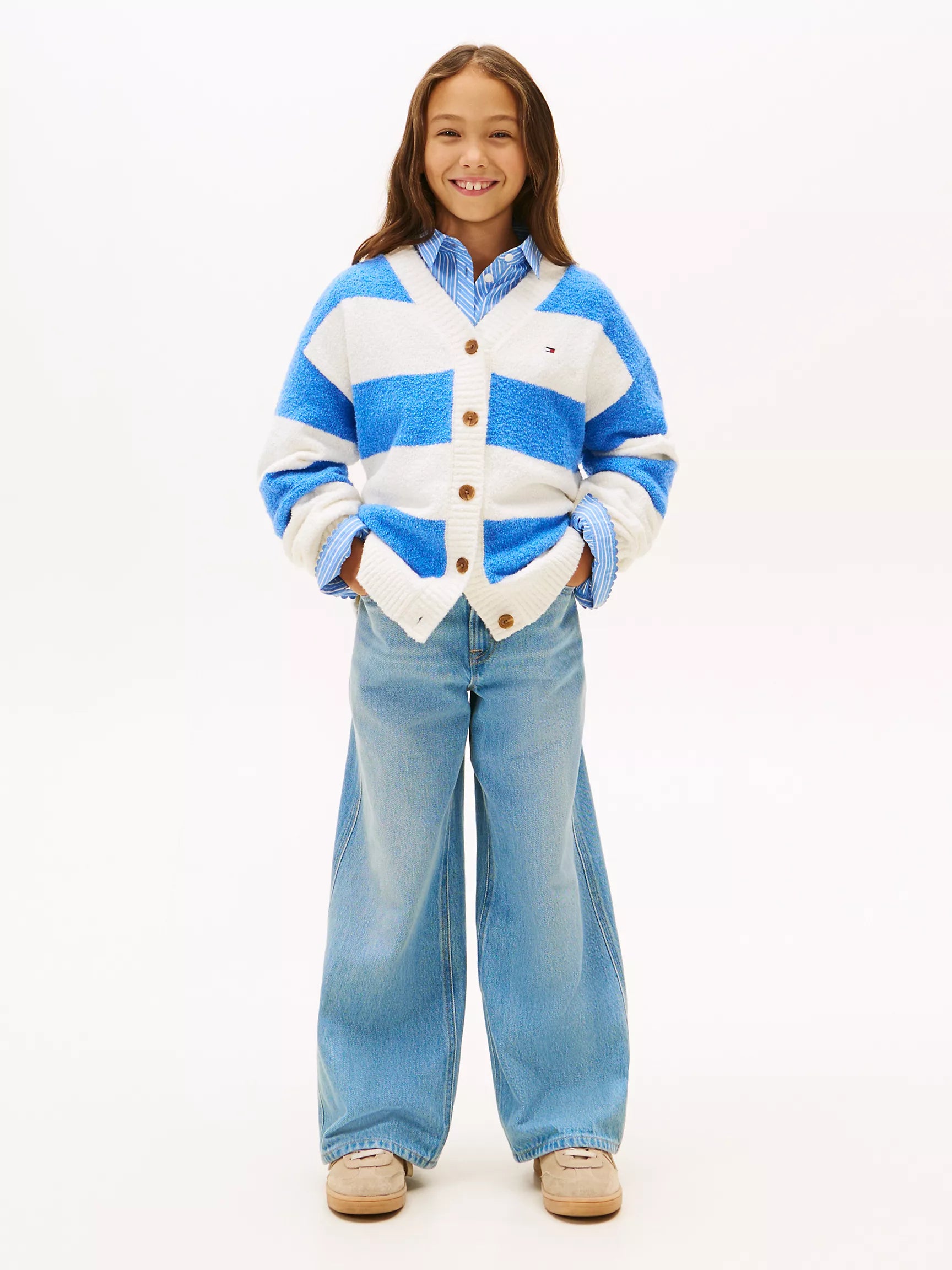 TOMMY Girls Stripe V-Neck Cardigan Blue Spell