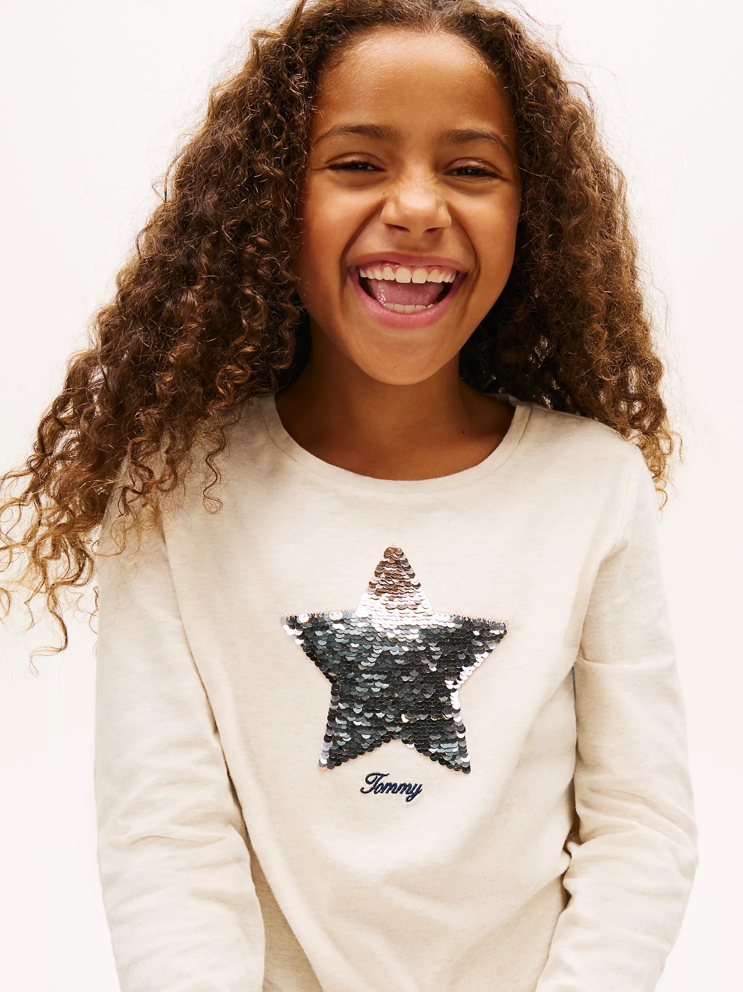 TOMMY Girls Flip Sequin Star Logo T-Shirt Oatmeal Heather