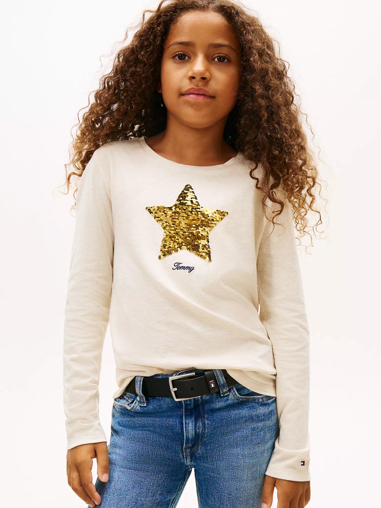 TOMMY Girls Flip Sequin Star Logo T-Shirt Oatmeal Heather