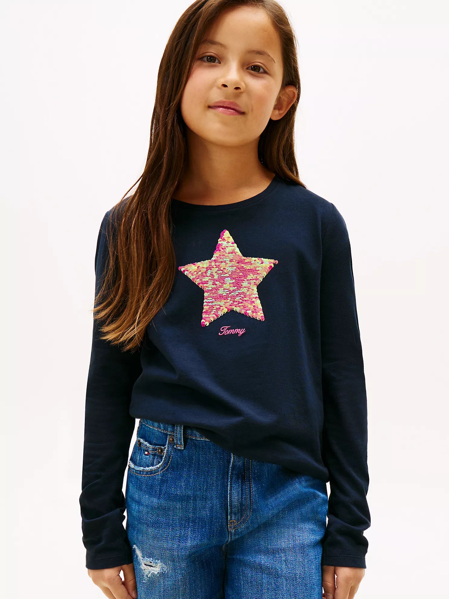 TOMMY Girls Flip Sequin Star Logo T-Shirt Navy
