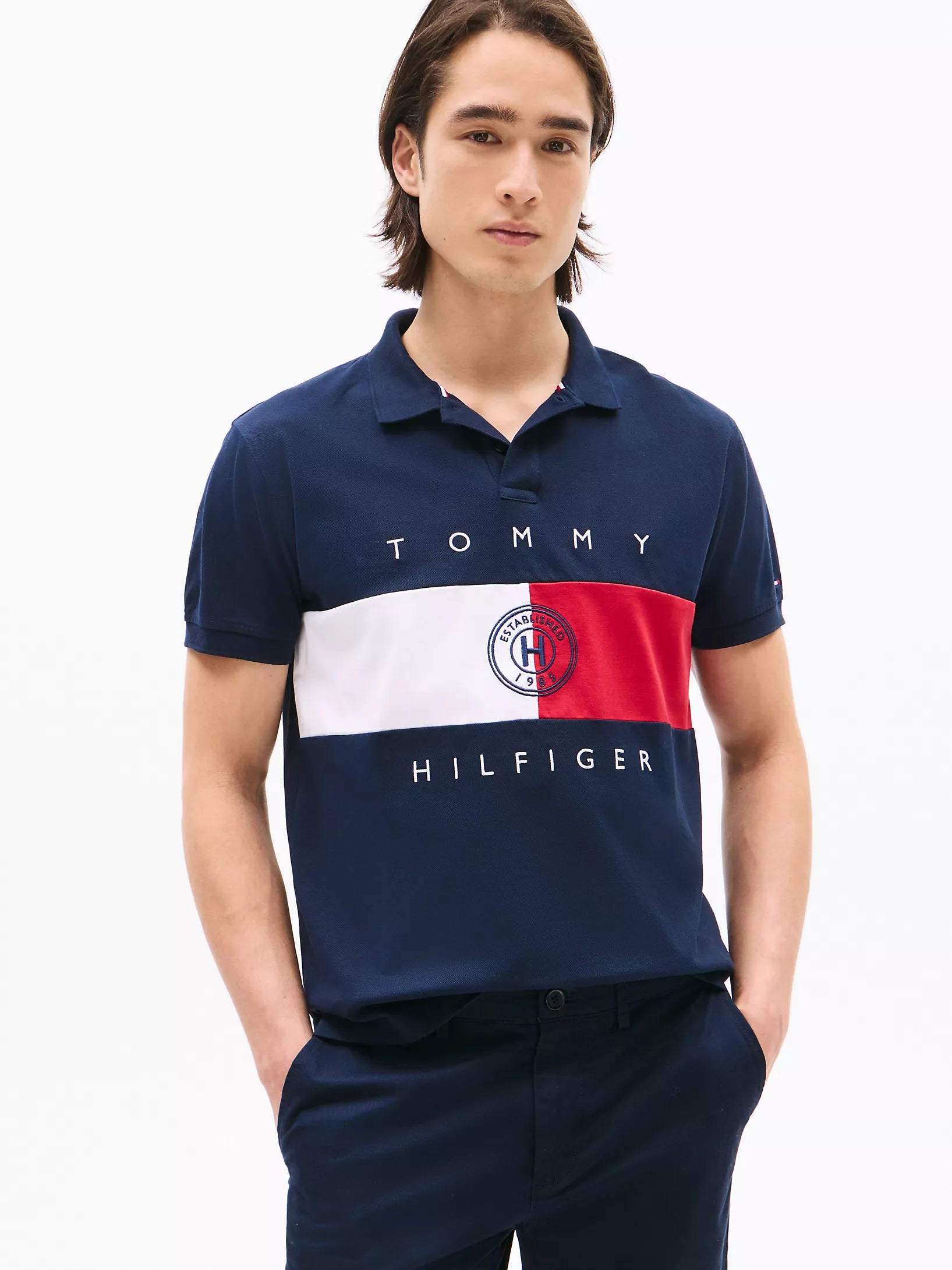 Tommy Mens' Regular Fit Flag Stripe Polo NAVY