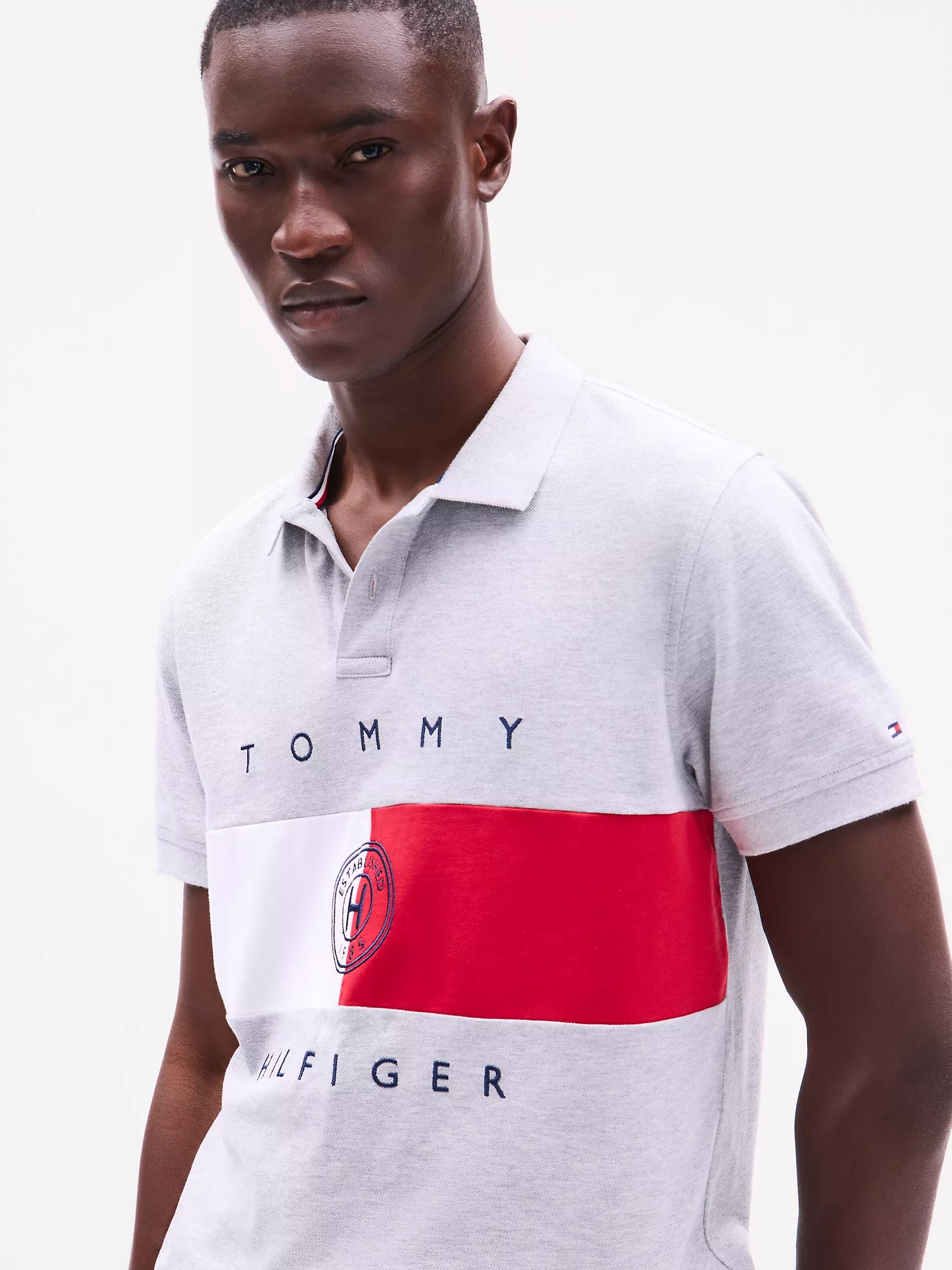 Tommy Mens' Regular Fit Flag Stripe Polo/ Light Grey