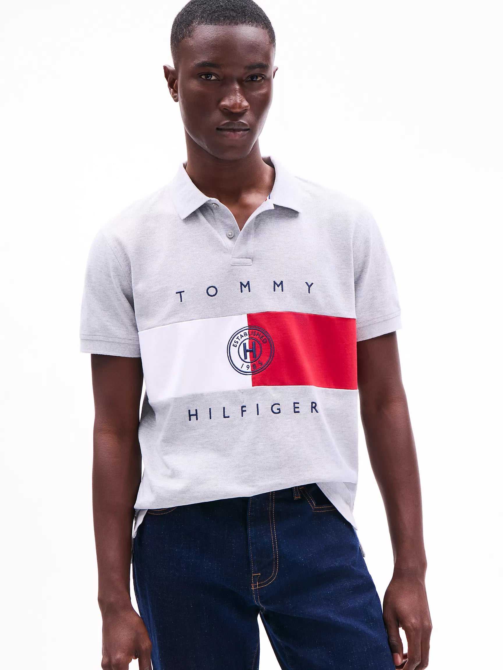 Tommy Mens' Regular Fit Flag Stripe Polo/ Light Grey