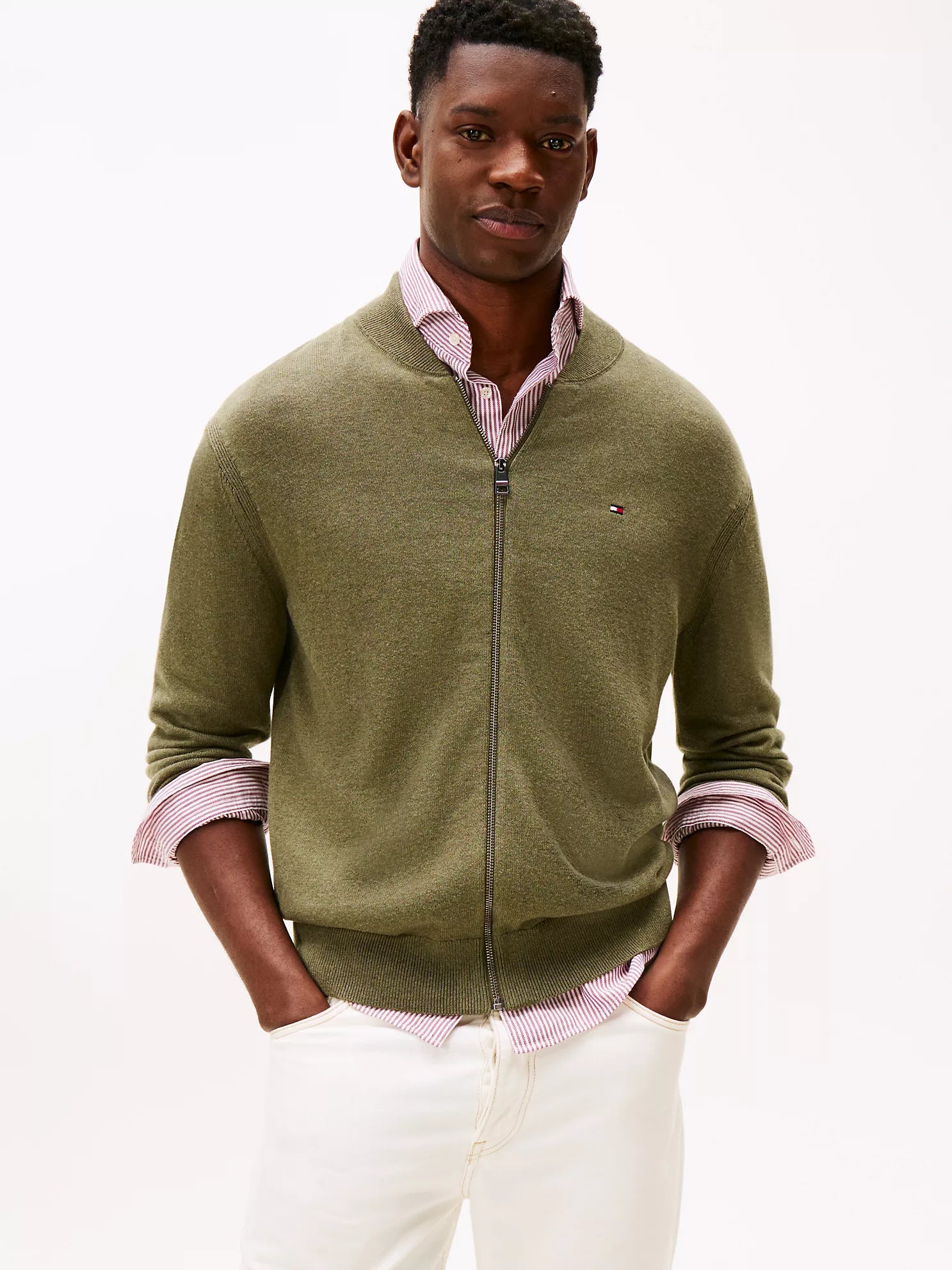 Tommy MENS' Cotton Zip Baseball Cardigan Green Heather