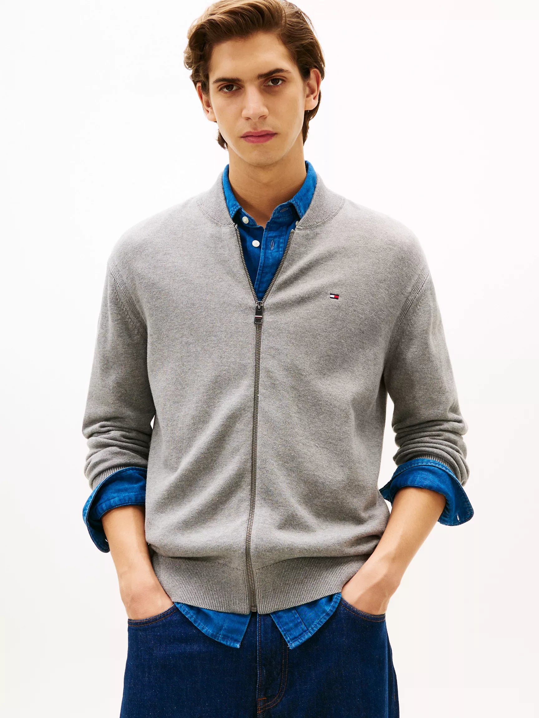 Tommy Mens' Cotton Zip Baseball Cardigan/Medium Grey Heather