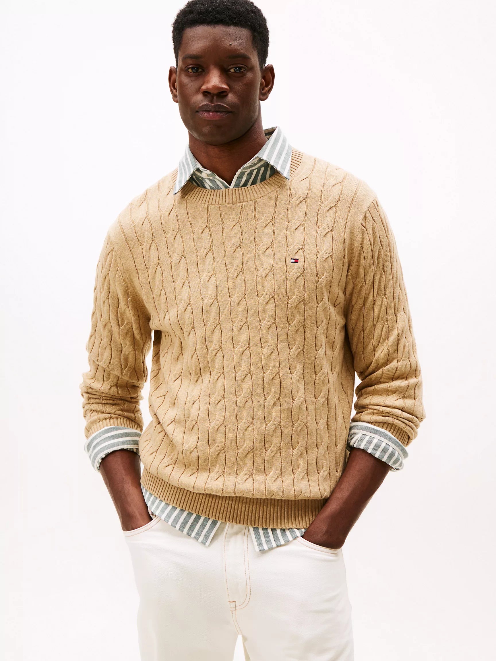 TOMMY MENS' Cable Knit Crewneck Sweater /Beige