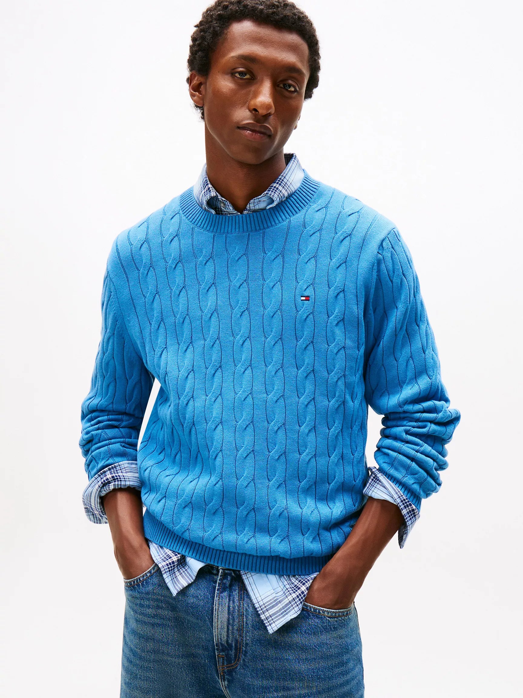 TOMMY MENS' Cable Knit Crewneck Sweater /Dusty Indigo