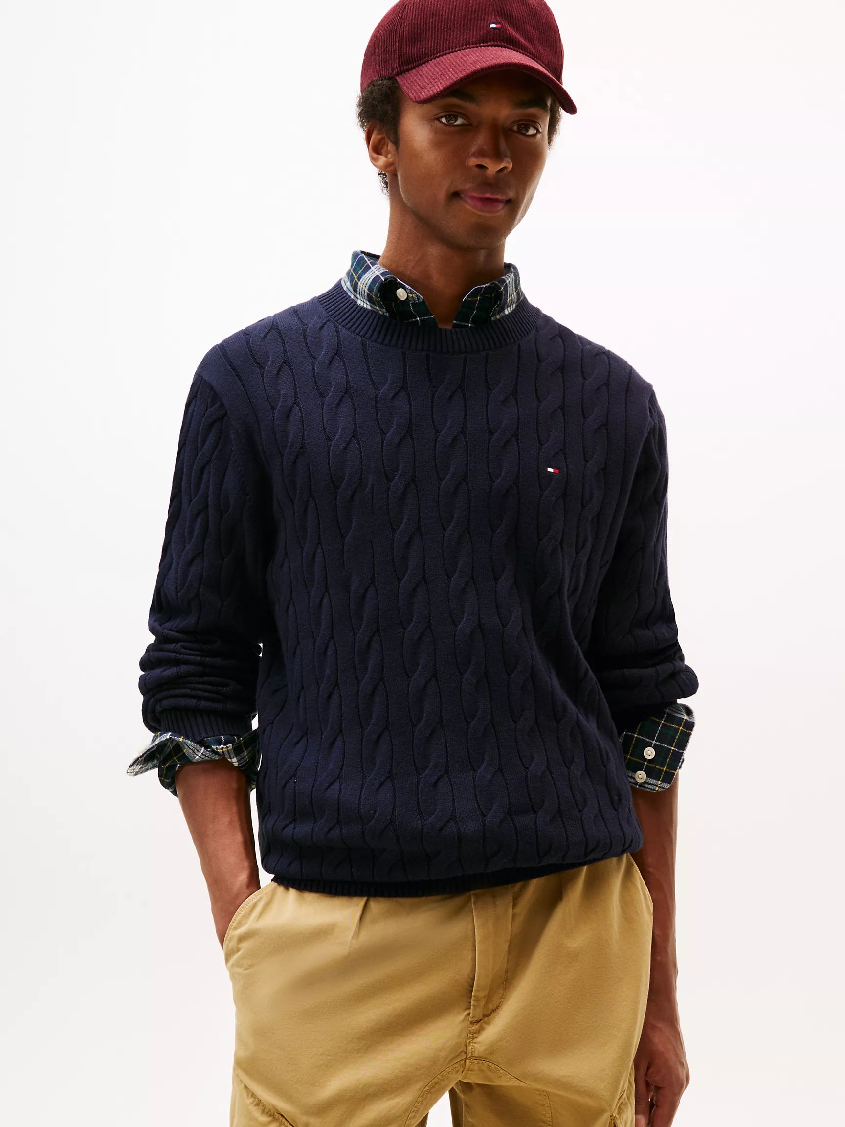 TOMMY MENS' Cable Knit Crewneck Sweater /Navy