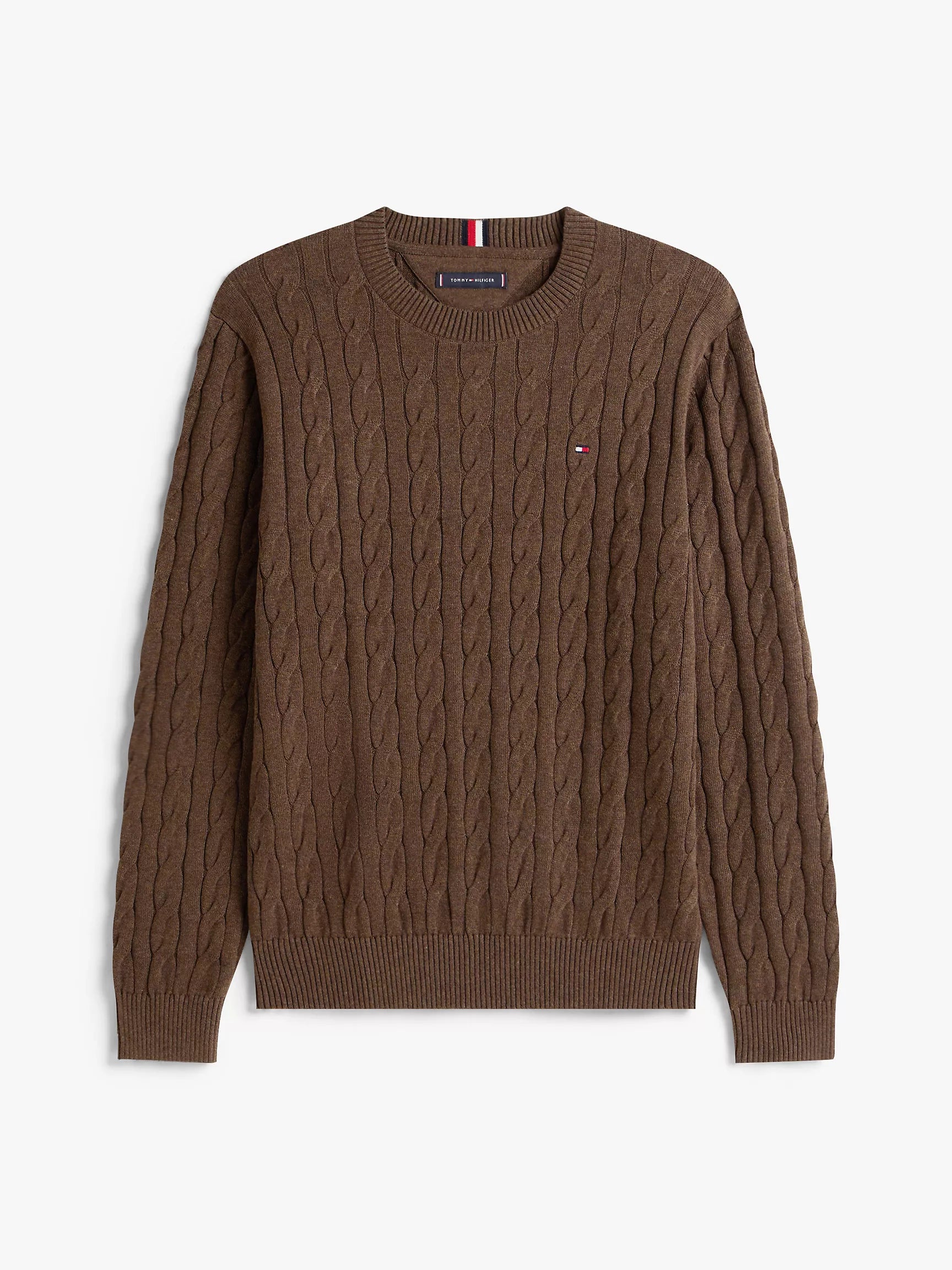 TOMMY MENS' Cable Knit Crewneck Sweater /Brown Heather