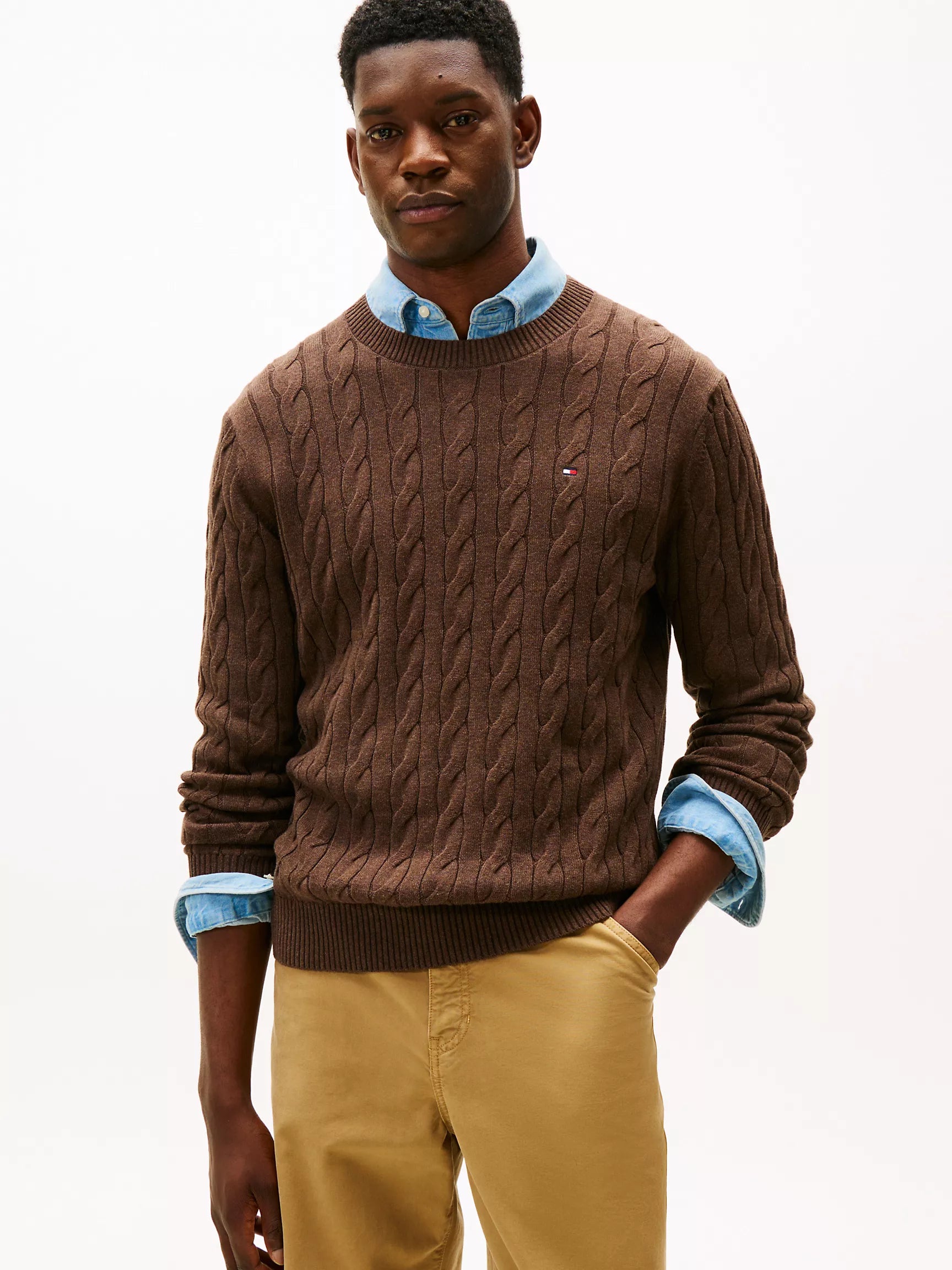 TOMMY MENS' Cable Knit Crewneck Sweater /Brown Heather
