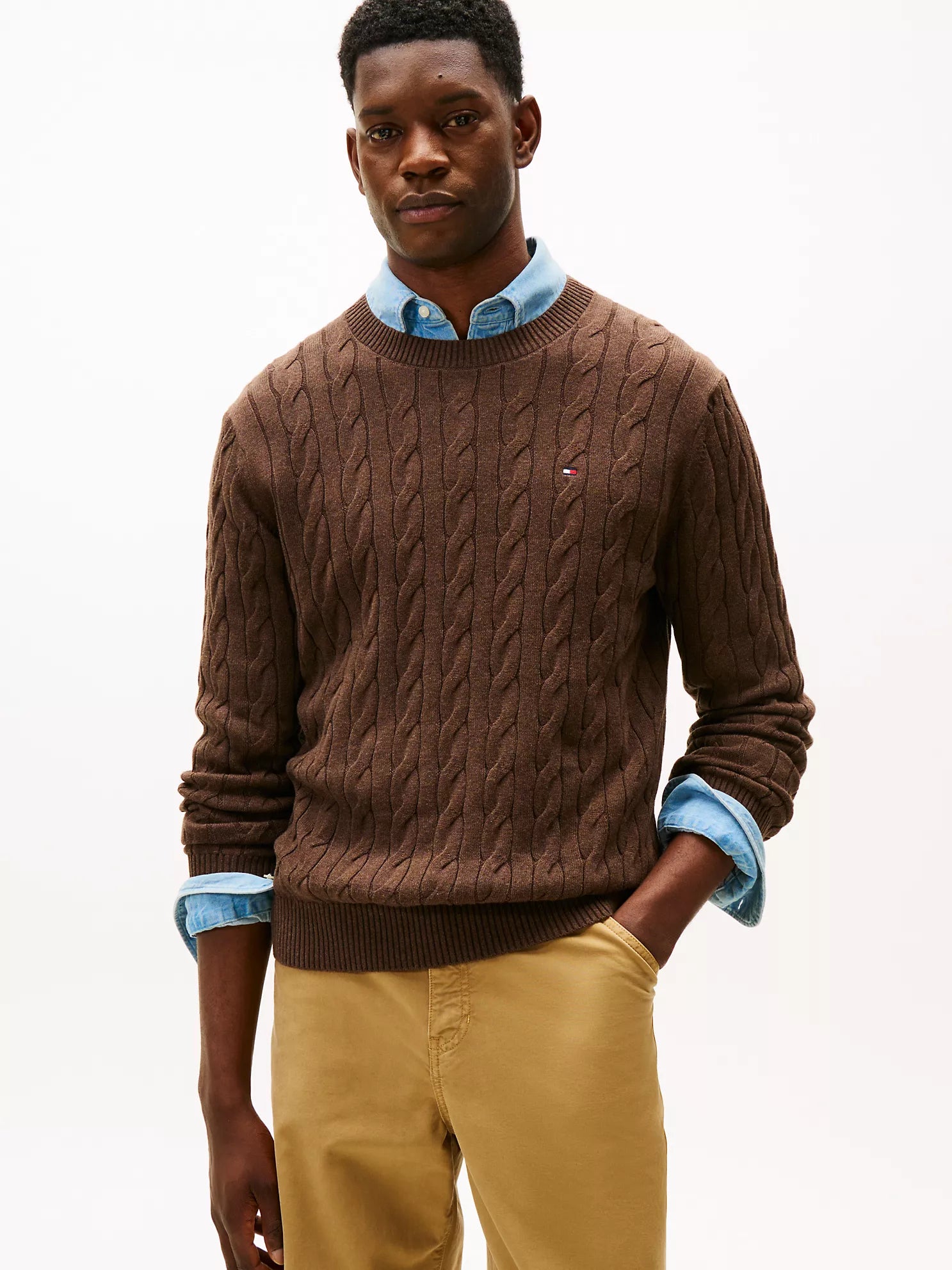 Tommy Hilfiger MENS' Cable Knit Crewneck Sweater BROWN