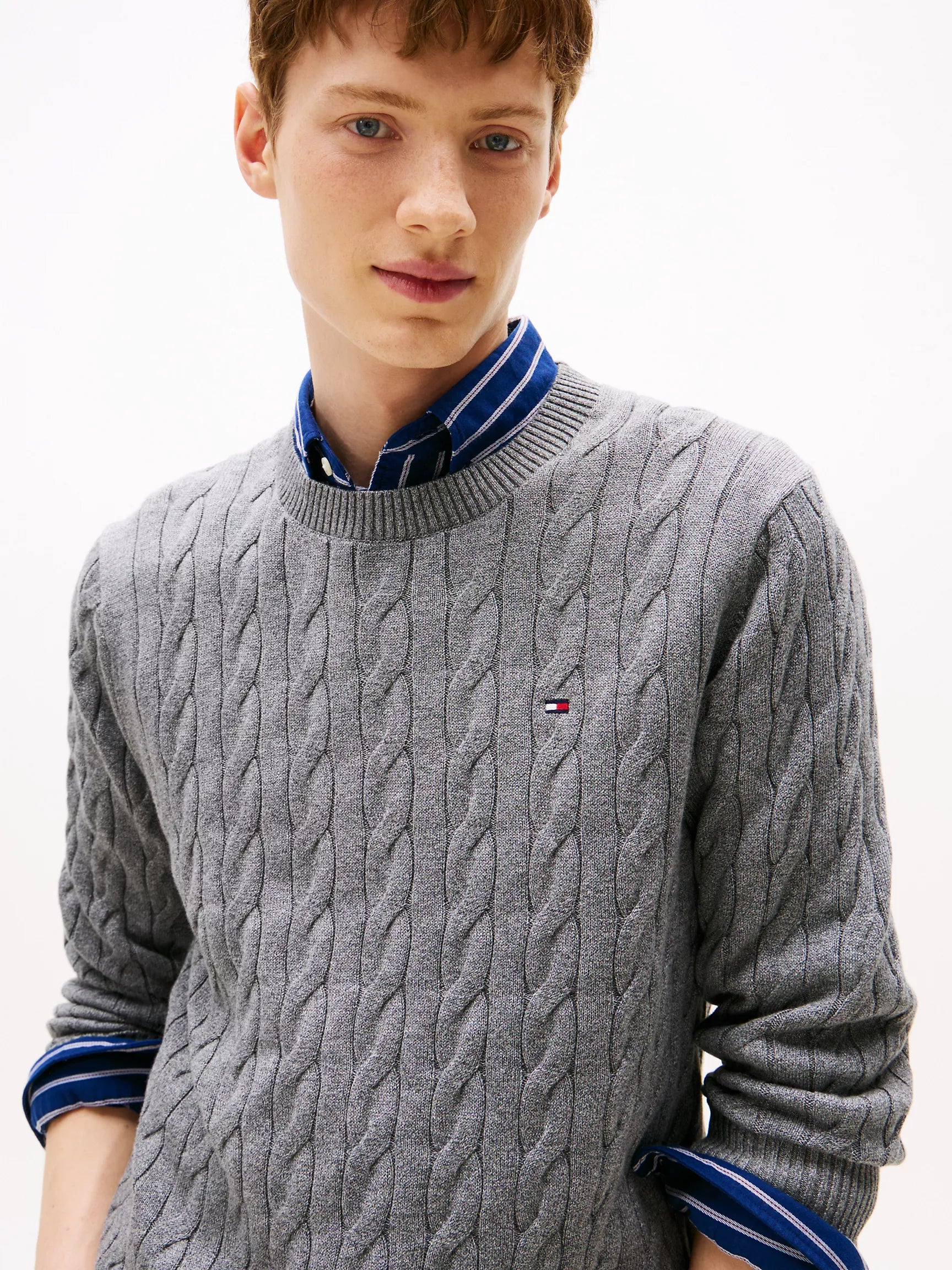 TOMMY MENS' Cable Knit Crewneck Sweater /Grey Heather