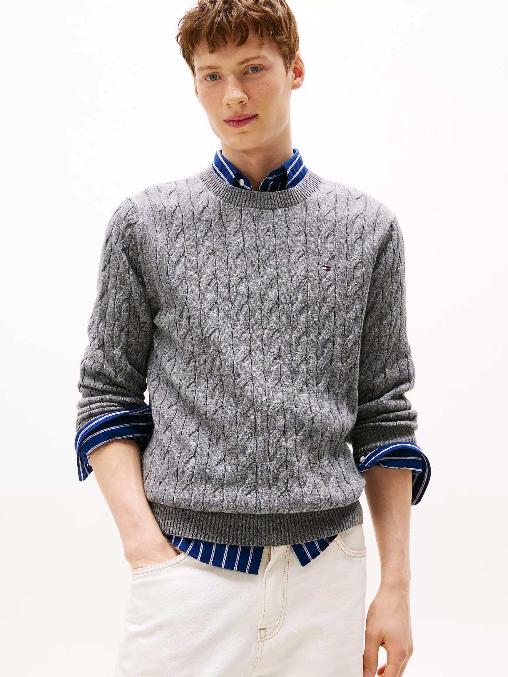 TOMMY MENS' Cable Knit Crewneck Sweater /Grey Heather