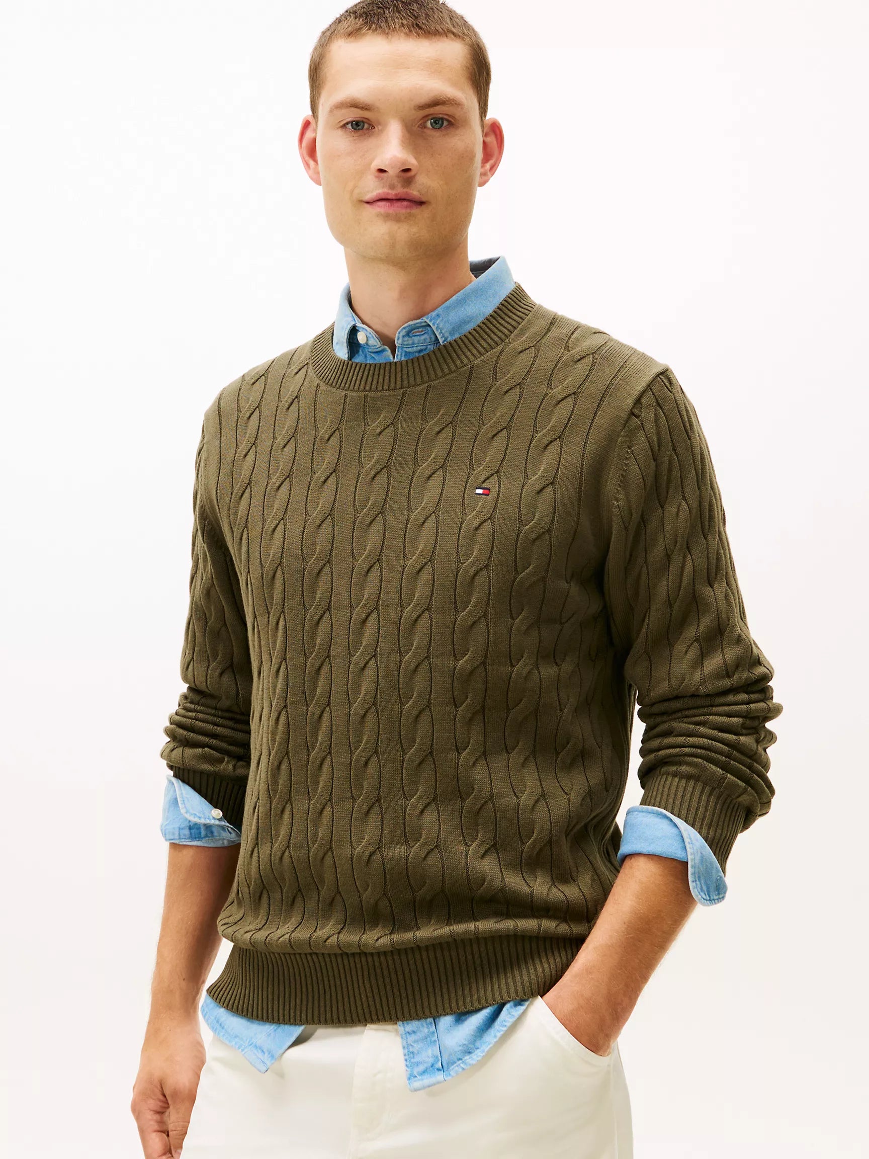TOMMY MENS' Cable Knit Crewneck Sweater /Army Green