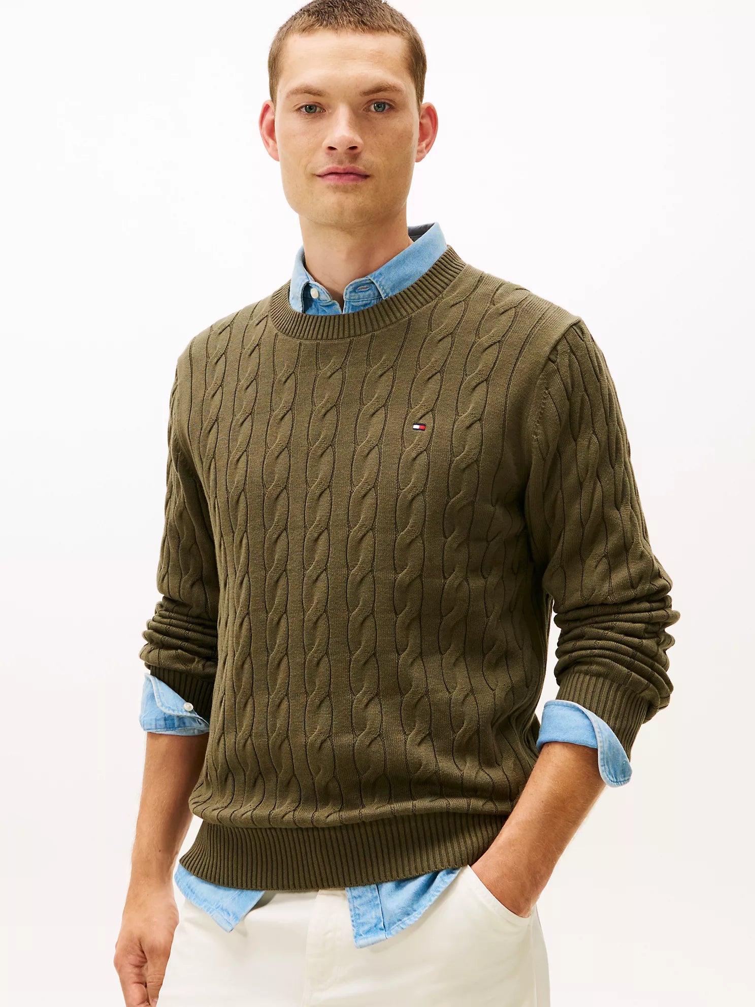Tommy Hilfiger MENS' Cable Knit Crewneck Sweater Army Green