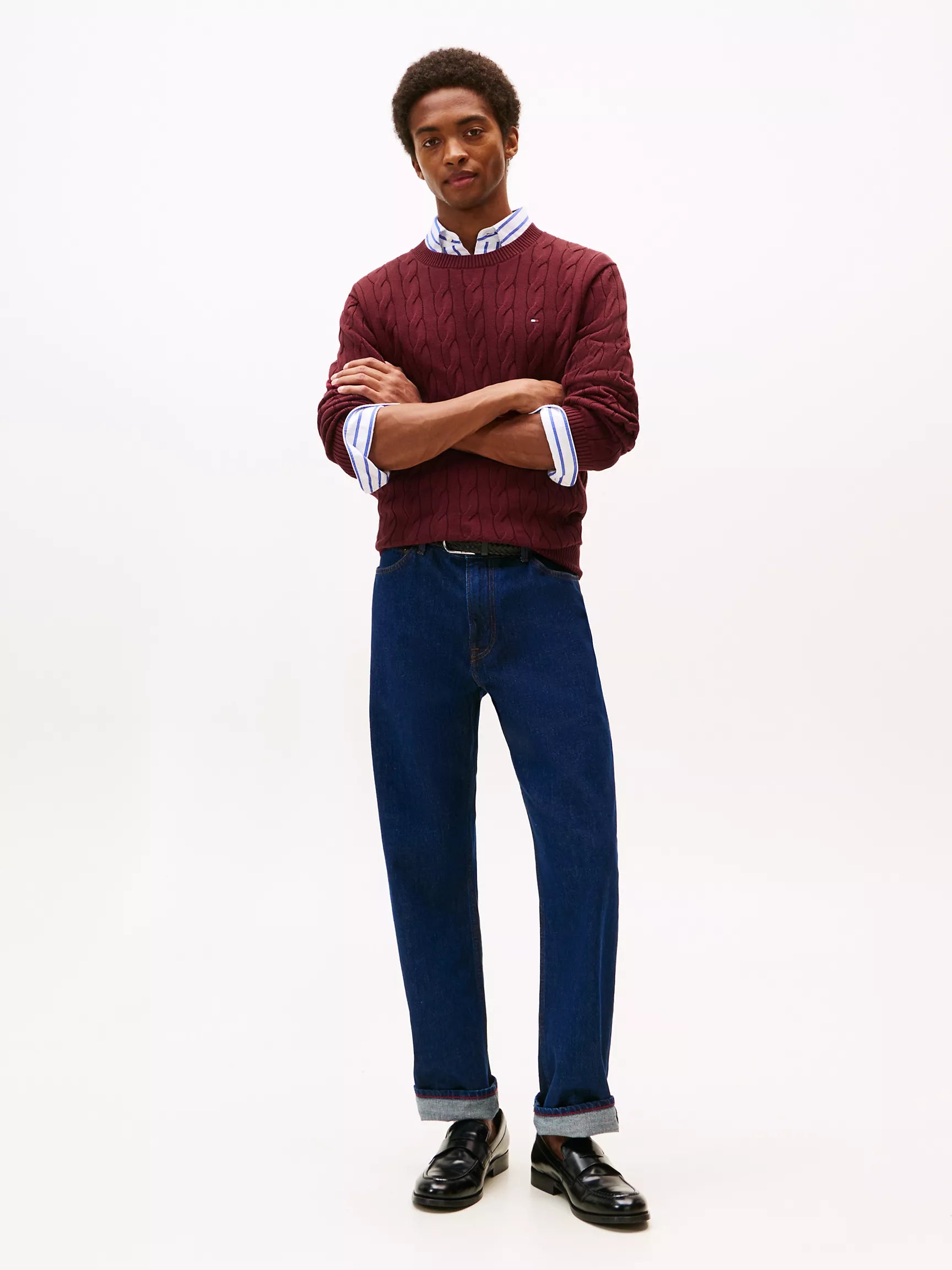 TOMMY MENS' Cable Knit Crewneck Sweater /Deep Rouge