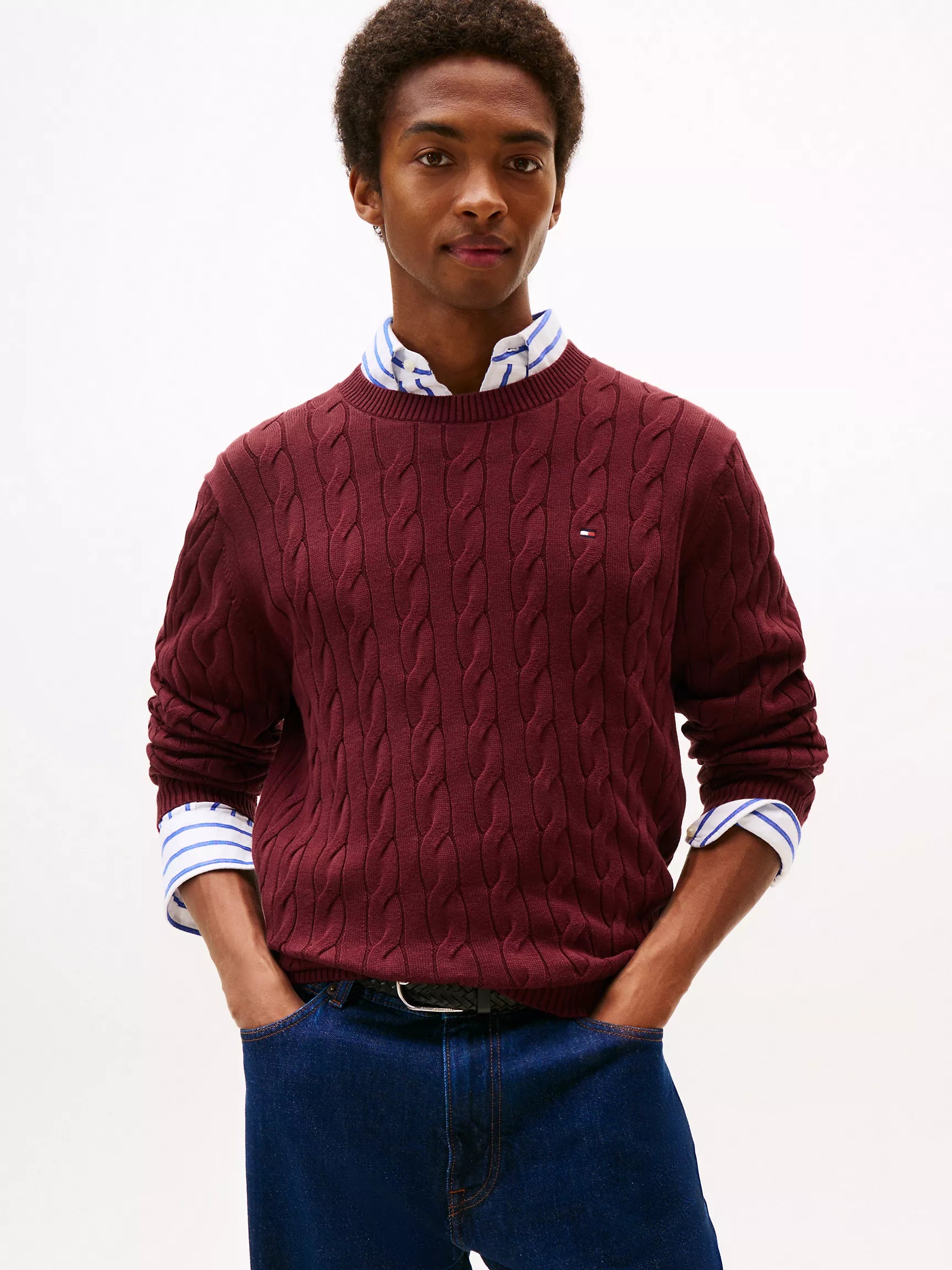TOMMY MENS' Cable Knit Crewneck Sweater /Deep Rouge