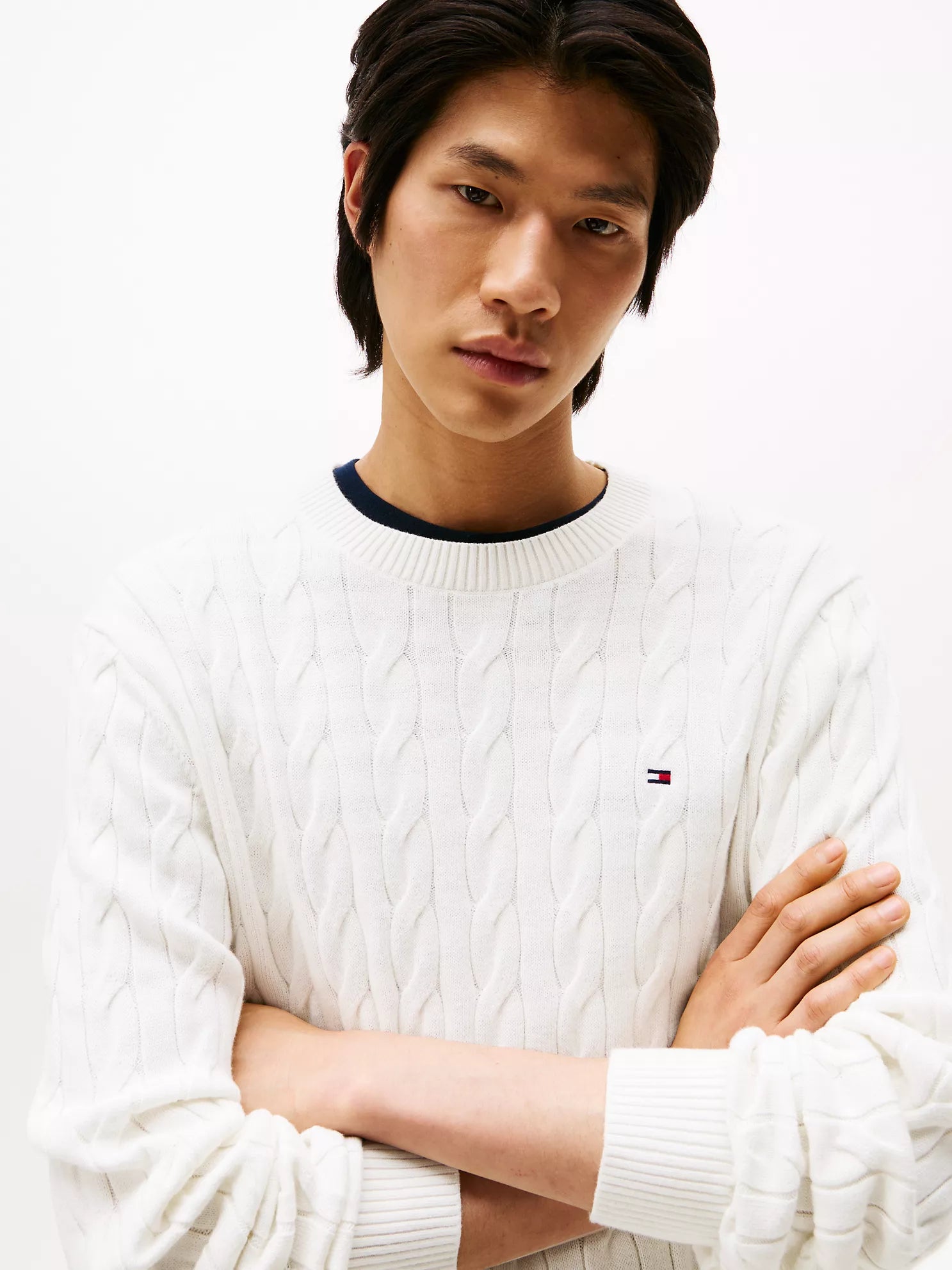 Tommy Hilfiger MENS' Cable Knit Crewneck Sweater Ivory