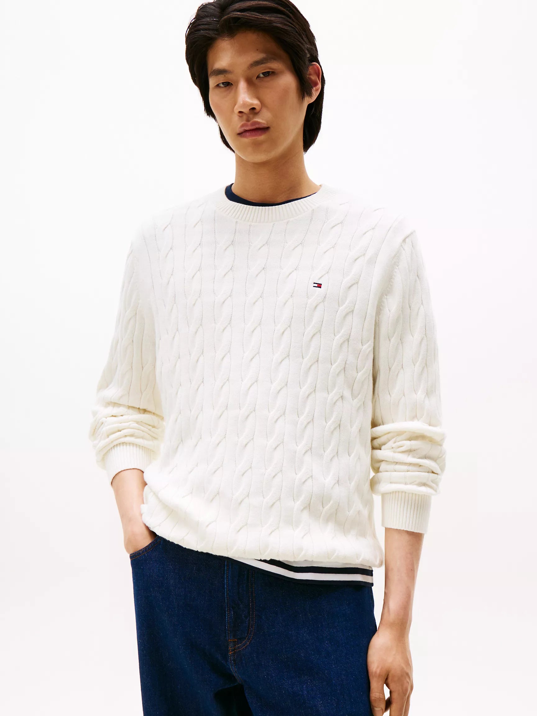 TOMMY MENS' Cable Knit Crewneck Sweater /Ivory