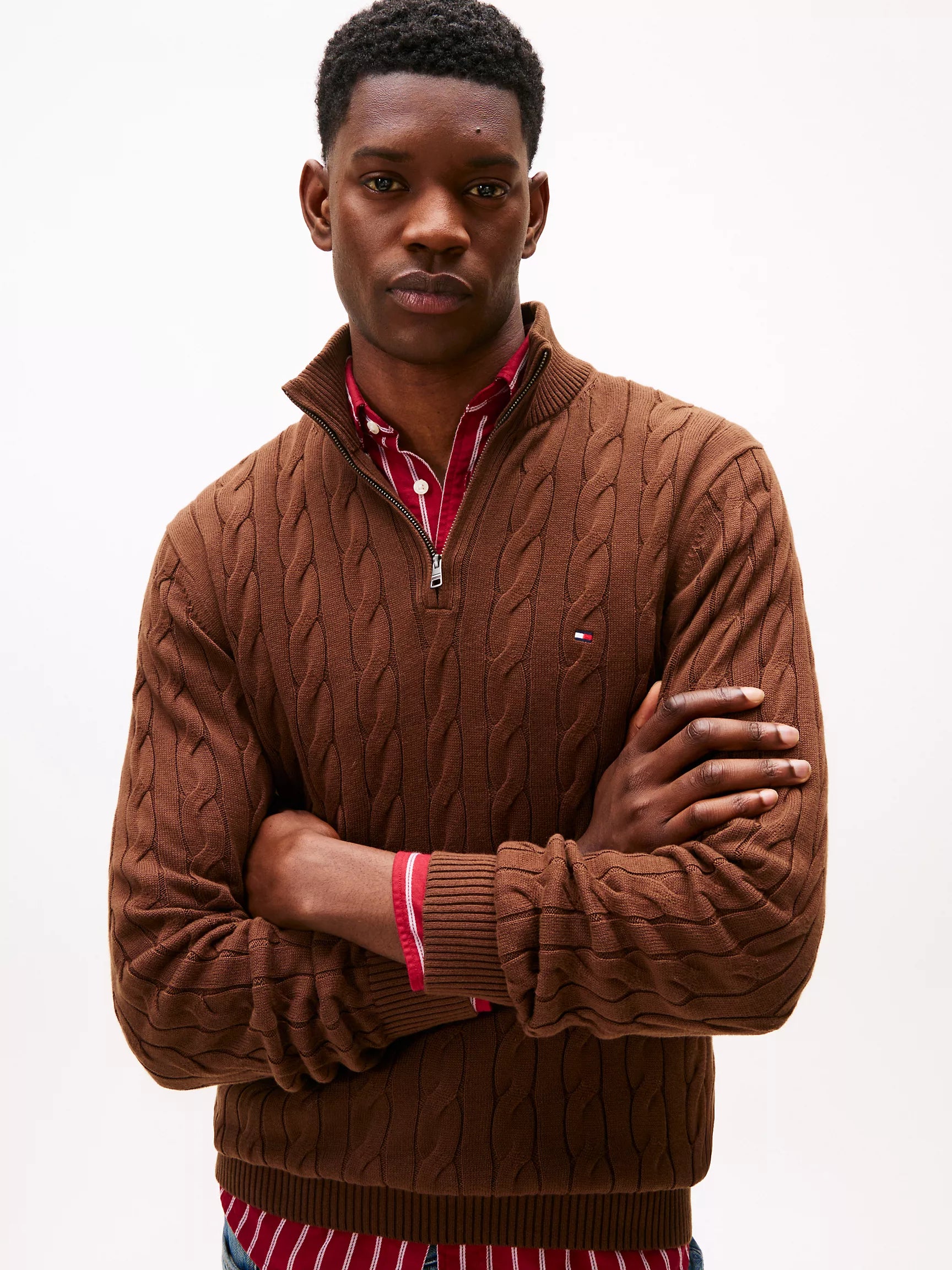 Mens' Tommy Cable Knit Quarter-Zip Sweater Legacy Brown