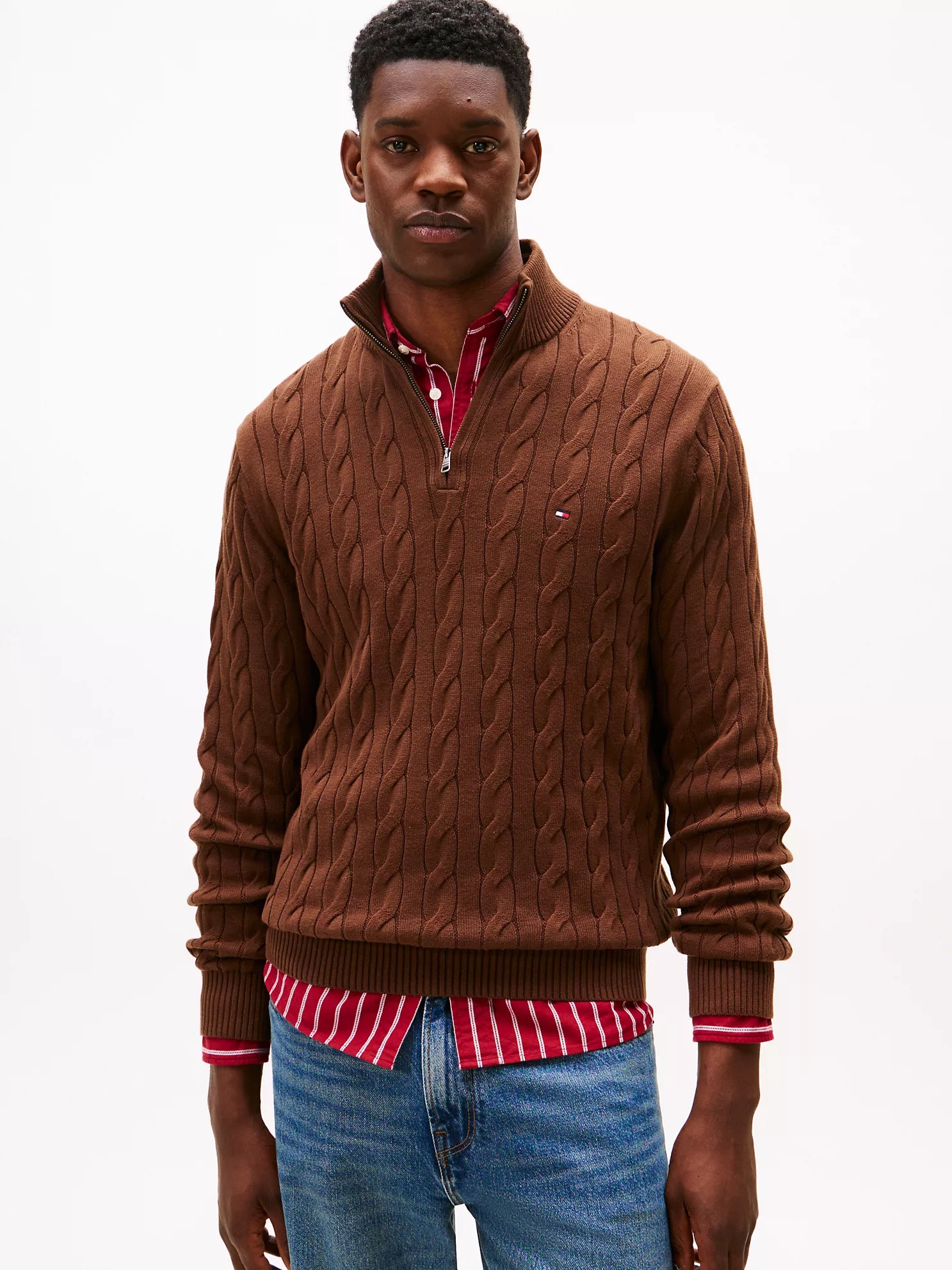 Mens' Tommy Cable Knit Quarter-Zip Sweater Legacy Brown