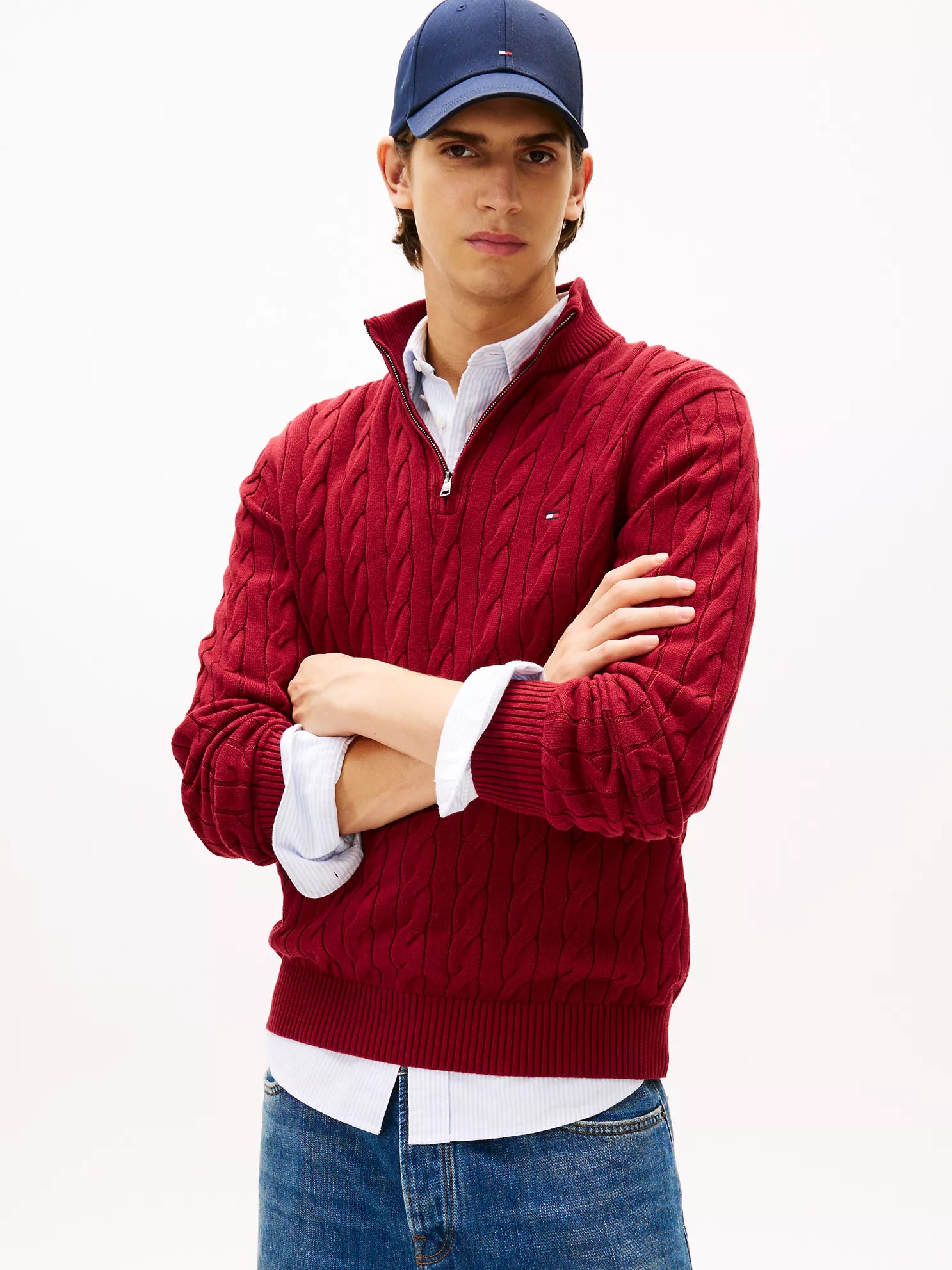 Mens' Tommy Cable Knit Quarter-Zip Sweater Rouge