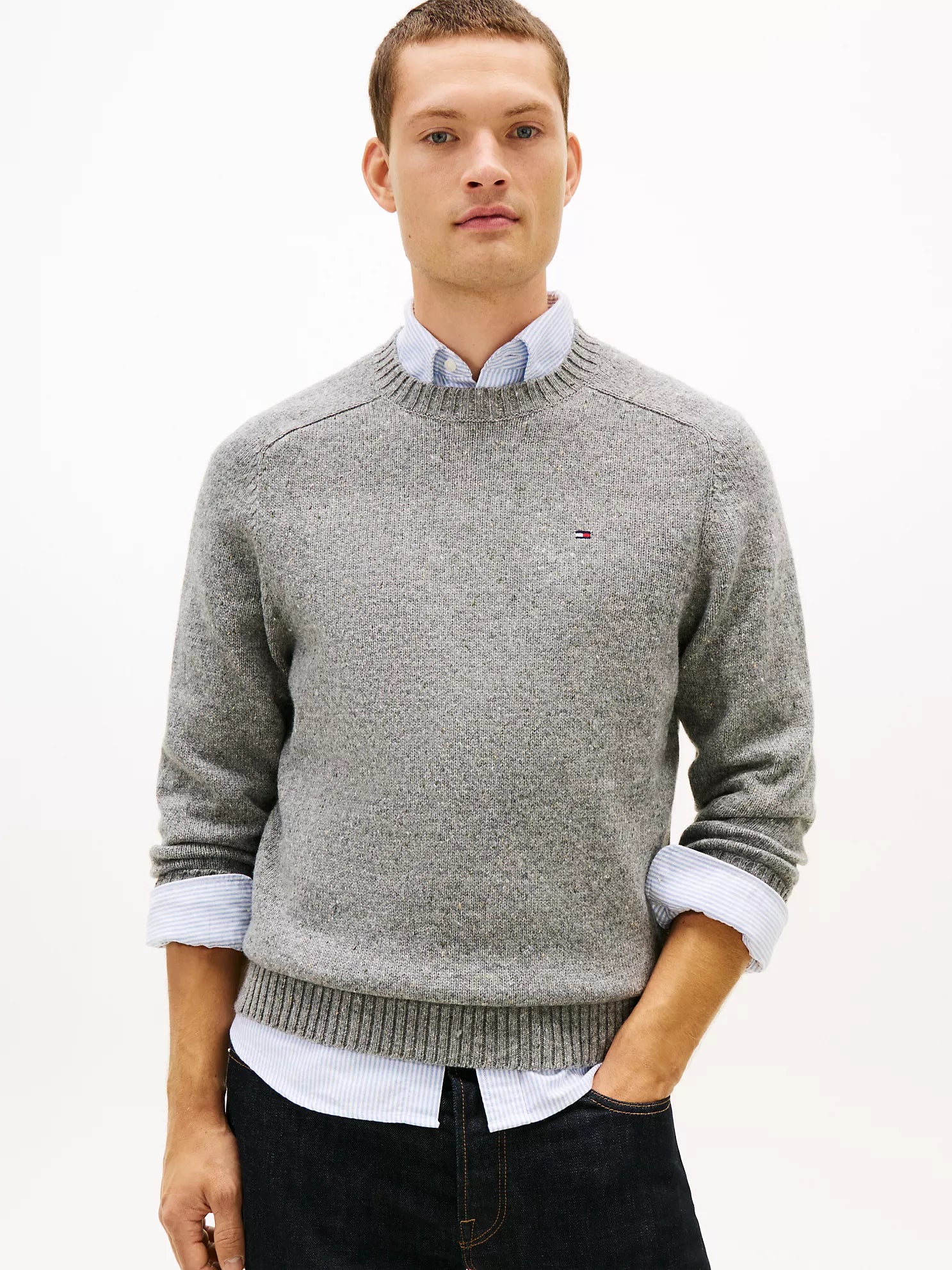 Tommy MENS' Donegal Wool-Blend Crewneck Sweater Grey Heather