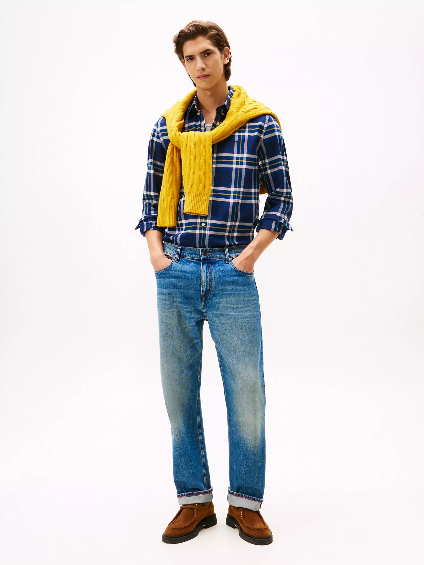 Tommy Mens' Regular Fit Plaid Stretch Oxford Shirt /Carbon Navy