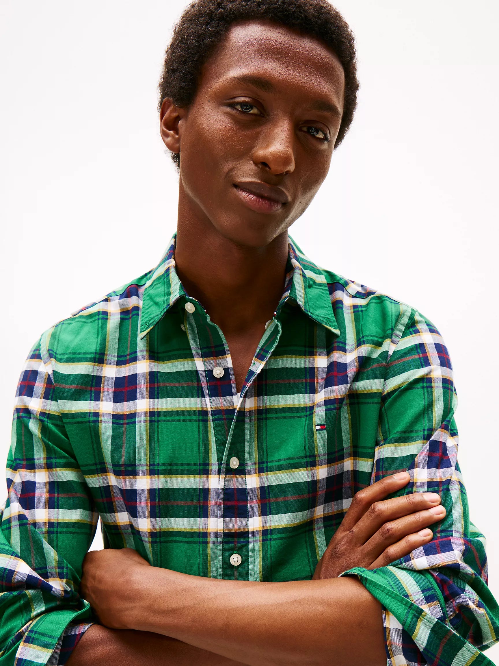 Tommy Mens' Regular Fit Plaid Stretch Oxford Shirt /Nouveau Green