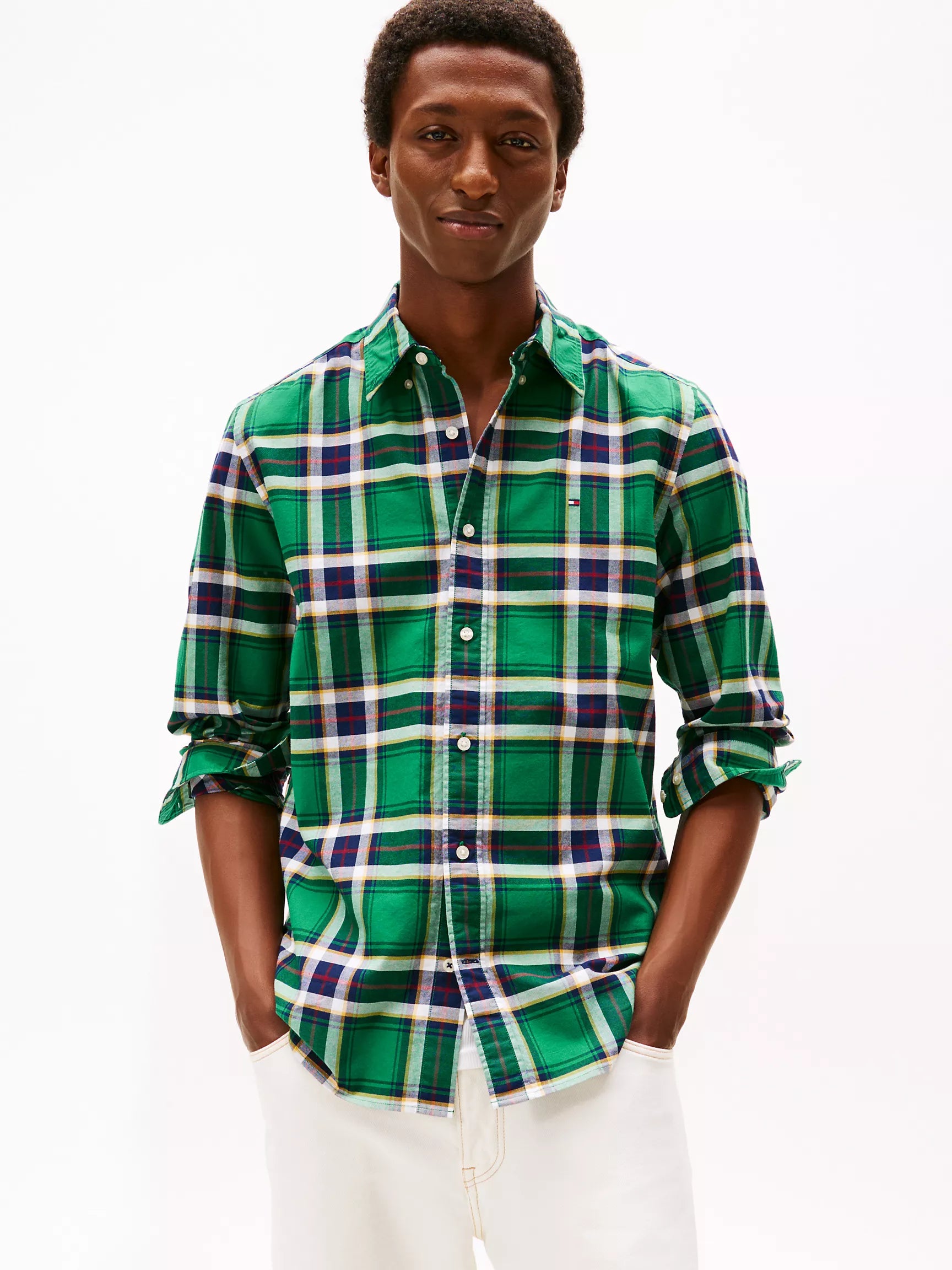 Tommy Mens' Regular Fit Plaid Stretch Oxford Shirt /Nouveau Green