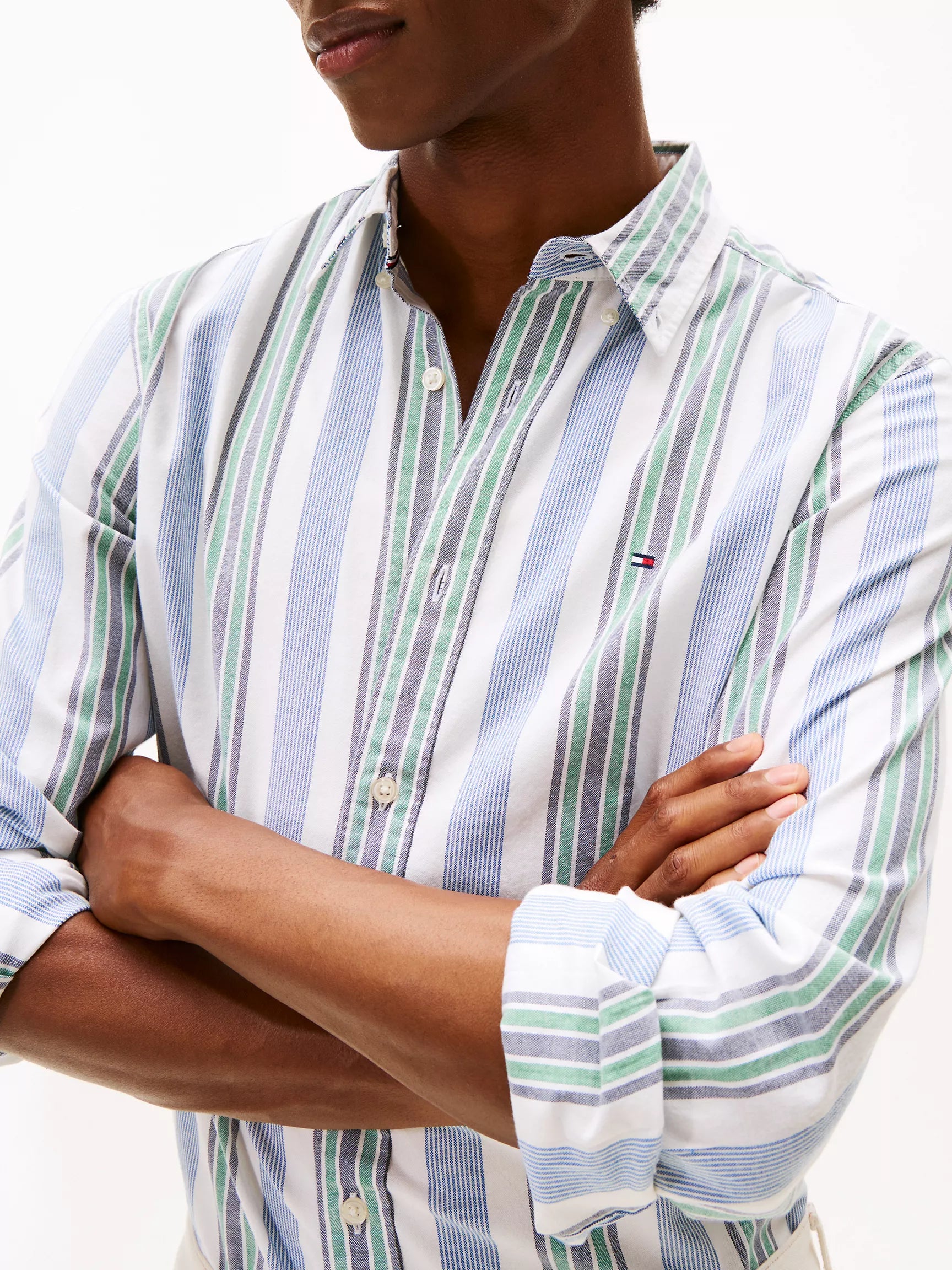 Tommy Mens' Regular Fit Striped Stretch Oxford Shirt/Nouveau Green