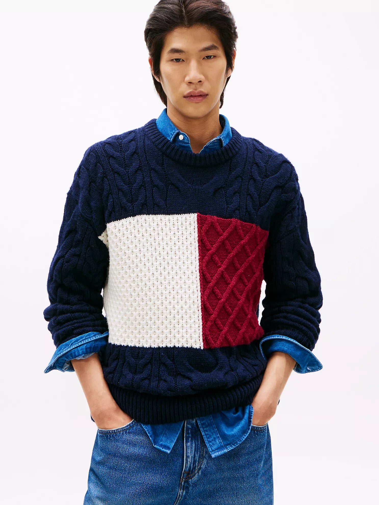 Tommy Mens' Wool-Blend Cable Knit Flag Sweater