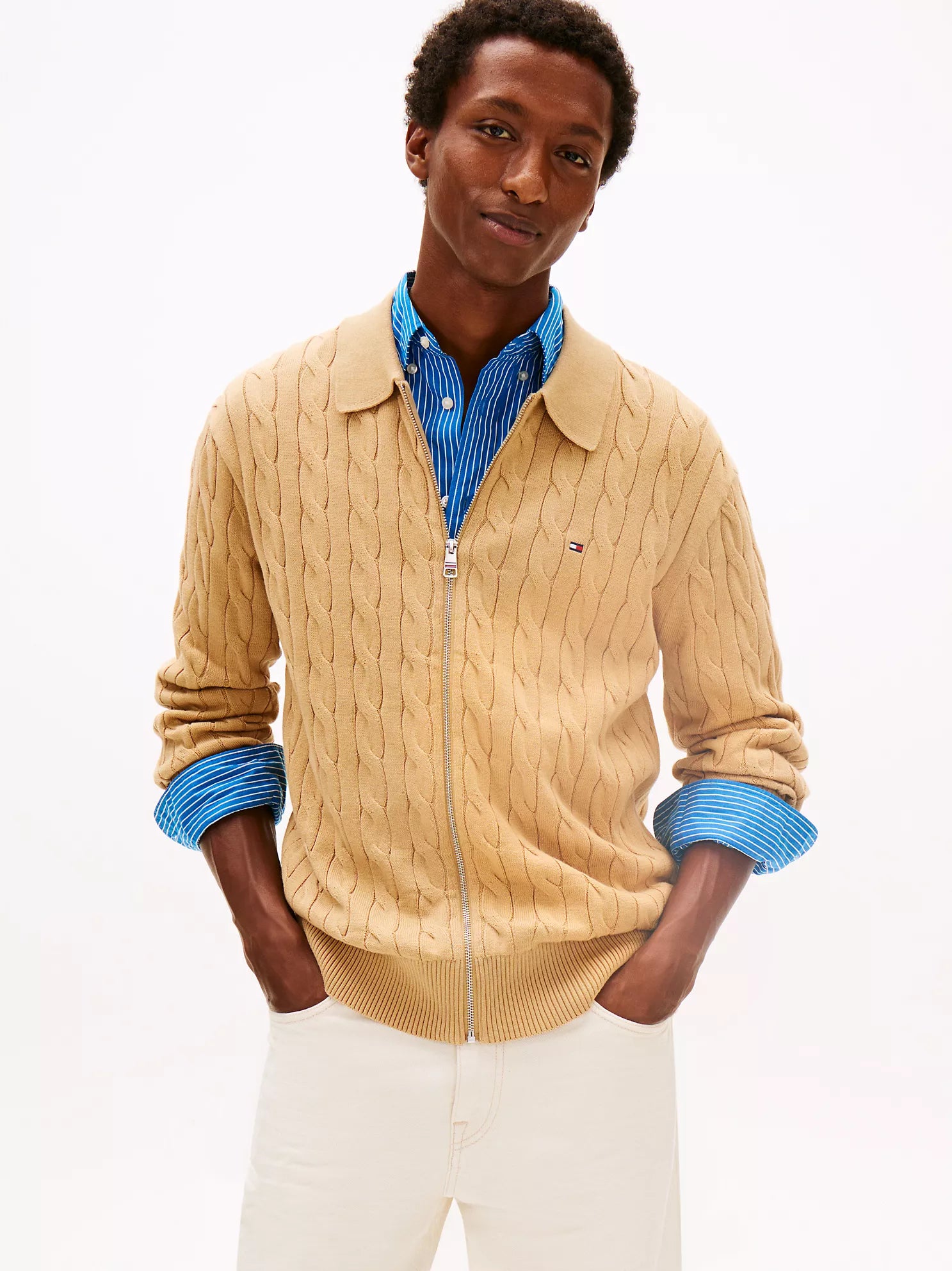 Tommy MENS' Cable Knit Zip Polo Cardigan Classic Khaki